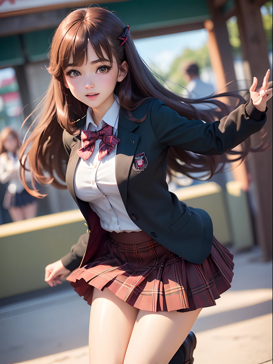 ((masutepiece, Best Quality, hight resolution, nffsw, Perfect Pixel, depth of fields, 4K, nffsw, nffsw))), 1girl in, Single, Solo, Beautiful anime girl, Beautiful Art Style, Anime Character, ((Long hair, Bangs, Brown hair, Simple hairpin)), ((Green eyes:1.4, rounded eyes, Beautiful eyelashes, Realistic eyes)), ((Detailed face, Blushing:1.2)), ((Smooth texture:0.75, Realistic texture:0.65, Photorealistic:1.1, Anime CG style)), large full breasts, Dynamic Angle, Perfect body, ((Portrait, POV)), ((red bowtie, School uniform, Black jacket, Open jacket, Brown cardigan, White shirt, Black skirt, plaid skirts)), Smile, Open mouth, Leaning forward, hands behind back, amusement park、Skirt flipping in the wind、Panchira、Legs with bores、leges