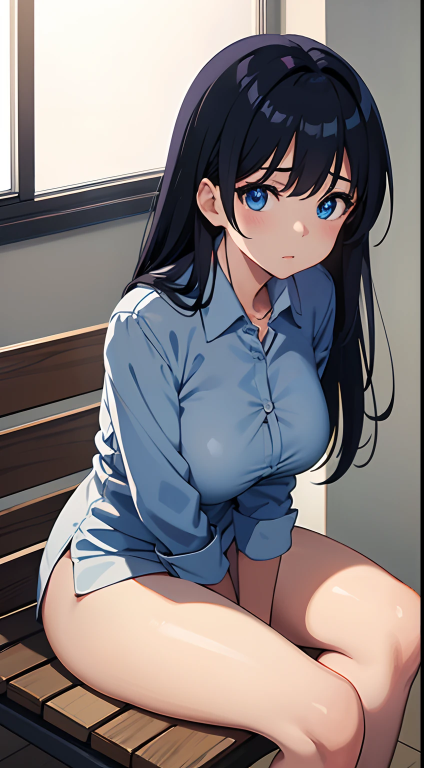 anime girl with big breast sitting on a bench in a room, fine white shirt, office clothes, thick shining black hair, very tight small push up bra, blue shirt, set inside of office, warmly lit posh study, glowing blue eyes, ultra detailed, best quality, expressive eyes, perfect face,