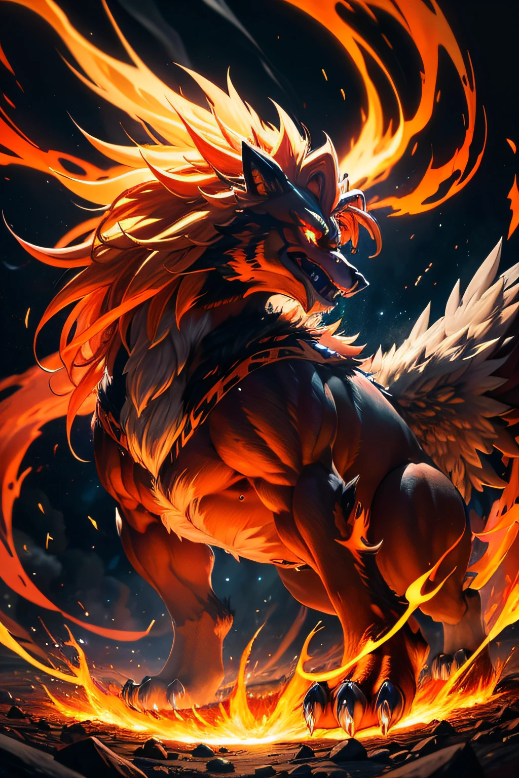 highres, extremely detailed Entei Pokemon, vibrant colors, intense flames, glowing eyes, majestic appearance, fierce expression, dynamic pose, realistic fur texture, powerful aura, surrounded by sparks and embers, dynamic action, dramatic lighting, mythical creature, legendary status, epic battle scene, fiery landscape, smoke and ashes, iconic symbol of strength and power