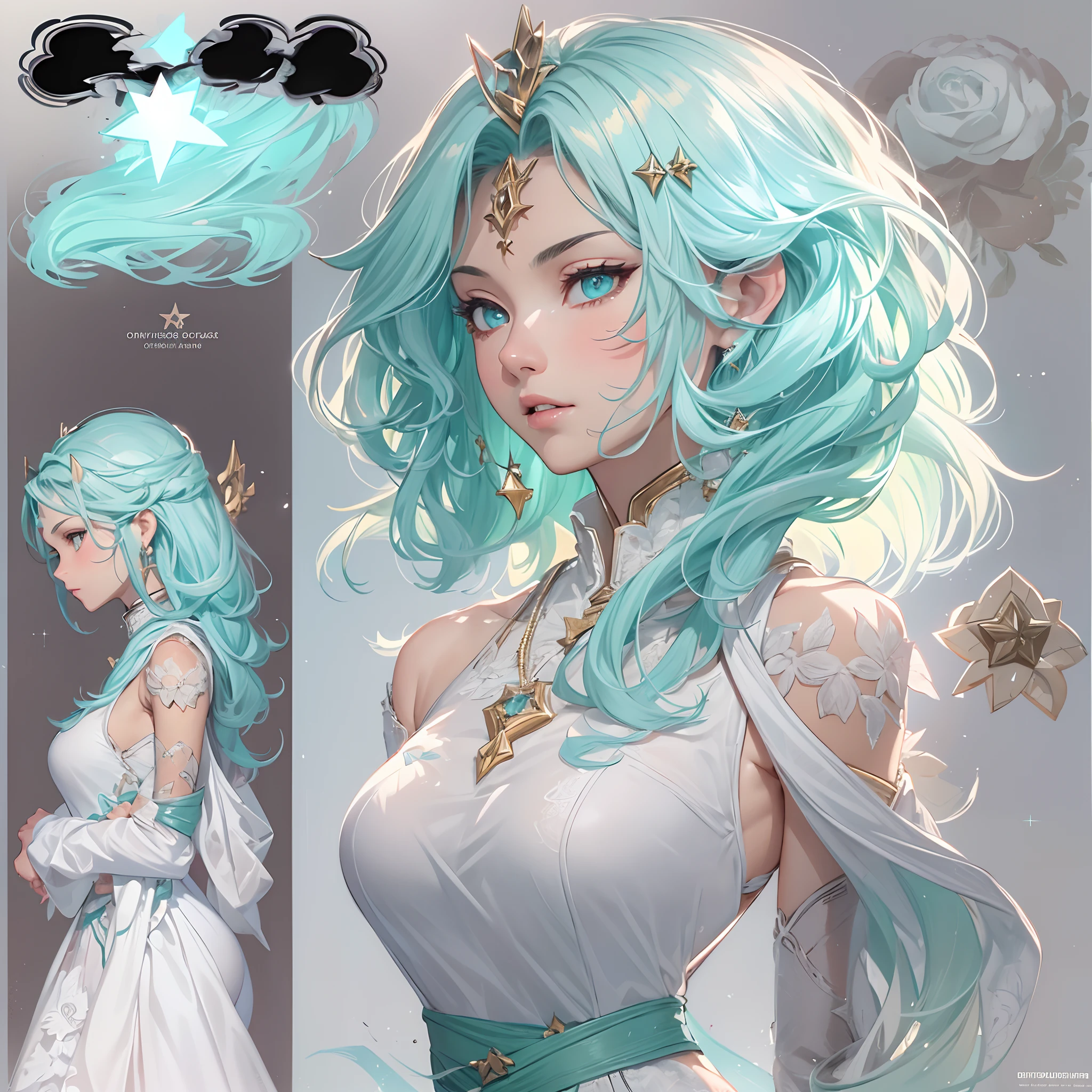 ((Masterpiece, Highest quality)), Detailed face, CharacterDesignSheet，full bodyesbian, perfectly proportions，Full of details, Multiple poses and expressions, Highly detailed, Martial arts girl，Seductive，Gradient hair color，Detailed eyes, ssee-through，Mint blue，wedding gown，lacepantyhose，Clouds，High Balance, Overhead halo，Natural light，Star decoration