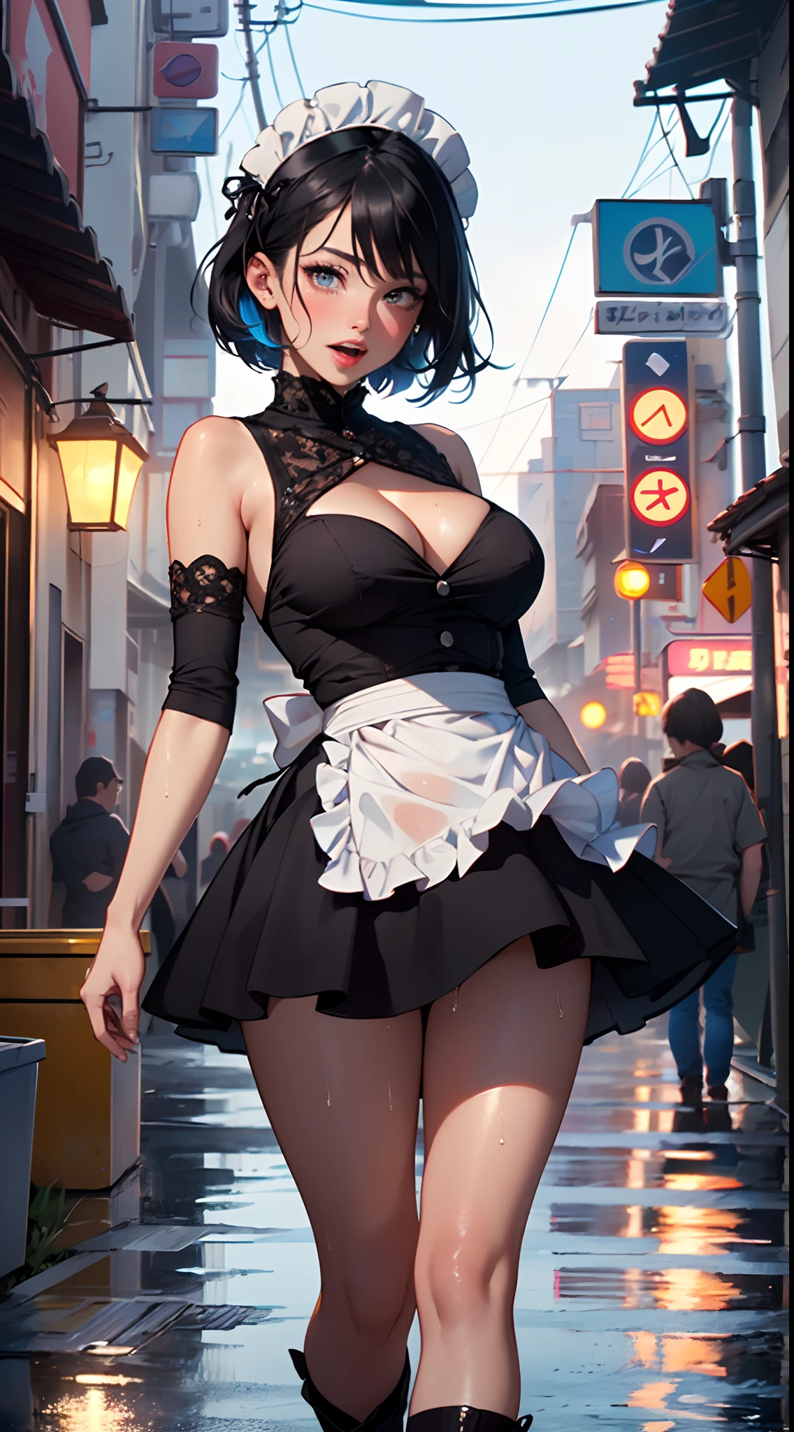 maid girl,(((1girl))),((maid girl with extremely cute and beautiful black hair)),
(large breasts:1.4),bountiful breasts,fluffy breasts,H cup bust,bust up,bulging bust top,(((black bob hair:1.35,colored inner hair,short hair,ear breathing))),((heterochromia:1.5, (purple_eye and blue_eye))),big eyes:1.3,((fat)),(((lustrous skin:1.5,bright skin: 1.5,skin tanned,shiny skin,very shiny skin,shiny body,plastic glitter skin,exaggerated shiny skin,illuminated skin,wet legs))),(spider lower abdomen,narrow waist,wide hip,athletic body,inflated legs,detailed body,(detailed face)),
cute,slutty,seductive,erotic,((nsfw)),
zettai ryouiki,(maid headdress),maid uniform,Headdress,(maid),sleeveless,mini skirt,boots,cleavage cutout,bare legs,clothes with a lot of lace frills,((wet clothes,intricate outfit,intricate clothes)),
(dynamic pose:1.0),solo focus,embarrassed,blush,sweat,((tears,open mouth)),moist eyes,(centered,scale to fit dimensions,Rule of thirds),
cyberpunk city by the ocean at night, with bright neon signs and dark stormy clouds and puddles, scenery:1.25,
artistic photography,(photography taken by sldr),highres, sharp focus, (ultra detailed, extremely detailed), (photorealistic artwork:1.37),(extremely detailed CG unity 8k wallpaper),((synthwave background theme)),(((vibrant colors))),(intricate background),(masterpiece),(best quality),