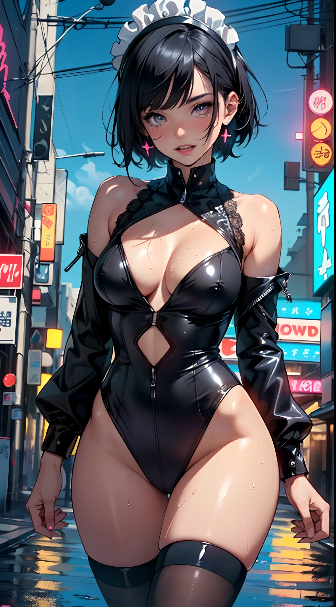 maid girl,(((1girl))),((maid girl with extremely cute and beautiful black hair)),
(large breasts:1.4),bountiful breasts,fluffy breasts,H cup bust,bust up,bulging bust top,(((black bob hair:1.35,colored inner hair,short hair,ear breathing))),((heterochromia:1.5, (purple_eye and blue_eye))),big eyes:1.3,((fat)),(((lustrous skin:1.5,bright skin: 1.5,skin tanned,shiny skin,very shiny skin,shiny body,plastic glitter skin,exaggerated shiny skin,illuminated skin,wet legs))),(spider lower abdomen,narrow waist,wide hip,athletic body,inflated legs,detailed body,(detailed face)),
cute,slutty,seductive,erotic,((nsfw)),
zettai ryouiki,(maid headdress),maid uniform,Headdress,(maid),sleeveless,mini skirt,boots,cleavage cutout,bare legs,clothes with a lot of lace frills,((wet clothes,intricate outfit,intricate clothes)),
(dynamic pose:1.0),solo focus,embarrassed,blush,sweat,((tears,open mouth)),moist eyes,(centered,scale to fit dimensions,Rule of thirds),
cyberpunk city by the ocean at night, with bright neon signs and dark stormy clouds and puddles, scenery:1.25,
artistic photography,(photography taken by sldr),highres, sharp focus, (ultra detailed, extremely detailed), (photorealistic artwork:1.37),(extremely detailed CG unity 8k wallpaper),((synthwave background theme)),(((vibrant colors))),(intricate background),(masterpiece),(best quality),