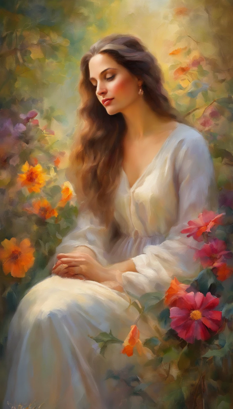 a beautiful woman in her thirties, topless, with mesmerizing eyes, long flowing hair, and a confident expression. She is sitting in a vibrant and colorful garden, surrounded by lush greenery and blooming flowers. The sunlight filters through the leaves, creating a soft and ethereal ambiance. The woman's skin is flawless and radiant, with a healthy glow. Her pose is relaxed, with one hand resting on her knee and the other gently touching a flower petal. The scene is captured in a dreamy and painterly style, resembling a Renaissance portrait or an impressionist masterpiece. The colors are vivid and saturated, with a warm and inviting color palette. The lighting is soft and diffused, casting a gentle glow on the woman's face and highlighting the delicate details of her features. The overall image quality is of the highest caliber, with ultra-detailed textures and realistic rendering. The artwork exudes a sense of tranquility, femininity, and timeless beauty.