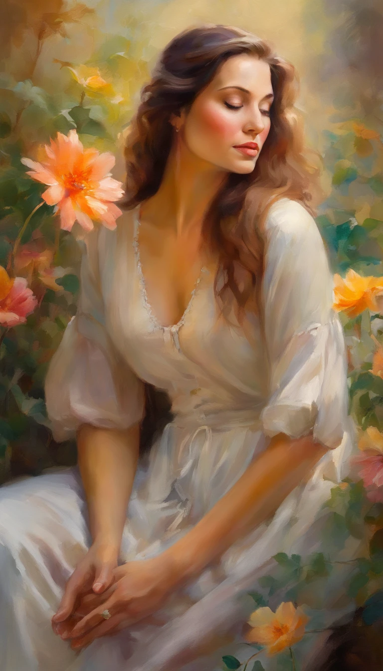 a beautiful woman in her thirties, topless, with mesmerizing eyes, long flowing hair, and a confident expression. She is sitting in a vibrant and colorful garden, surrounded by lush greenery and blooming flowers. The sunlight filters through the leaves, creating a soft and ethereal ambiance. The woman's skin is flawless and radiant, with a healthy glow. Her pose is relaxed, with one hand resting on her knee and the other gently touching a flower petal. The scene is captured in a dreamy and painterly style, resembling a Renaissance portrait or an impressionist masterpiece. The colors are vivid and saturated, with a warm and inviting color palette. The lighting is soft and diffused, casting a gentle glow on the woman's face and highlighting the delicate details of her features. The overall image quality is of the highest caliber, with ultra-detailed textures and realistic rendering. The artwork exudes a sense of tranquility, femininity, and timeless beauty.