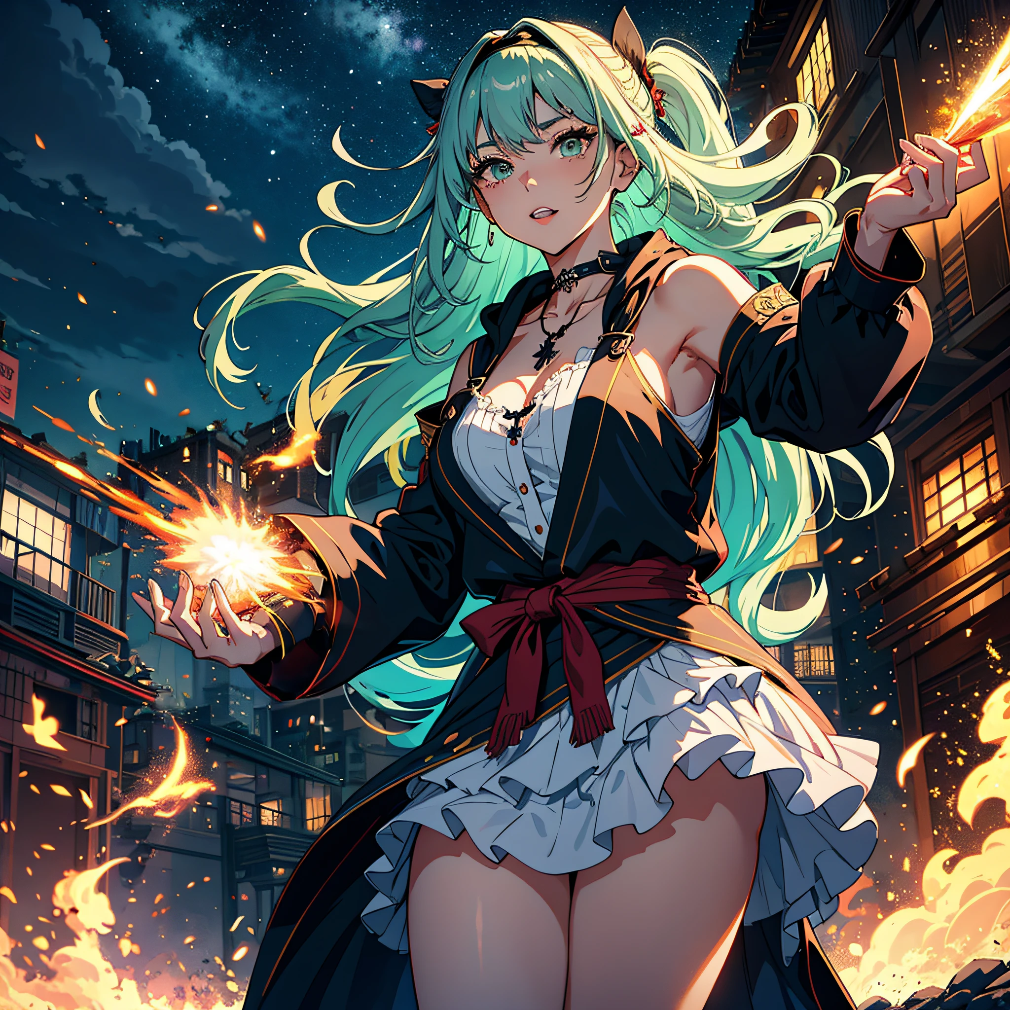 (top-quality、hight resolution、8k、masterpiece:1.2)。Curvaceous but slender、Muchimuchi Body、Grinning Female Wizard、Destroying buildings in a futuristic cyber city。Featuring double teeth, she wields magical powers.。With magic emitted from the right hand、Buildings and roads、Bolides、Next Bridge々and have collapsed、Scattered with burning debris。Rubble and pebbles float up、Covers her whole body。Although its power is overwhelming、At the same time it is in harmony with beauty。Depict the moment she is destroying a cyberpunk building with magic。Half-taken off hoodie、accessorized、mole、Eyebrows、double tooth、canine teeth、poneyTail、Muscular nose、Clear and detailed gray eyes、Green hair、red blush、The long-haired、a choker、Fleshy lips、Physical beauty、well-muscled、Raise bangs in a headband、Oforehead、Mysterious fashion、Street Fashion、Anime style、animesque、Site after the earthquake、Oversized trousers、unreal、Depiction in motion、Black and yellow fashion、Vandalism、Decaying buildings、the fire、Fire incident、tornado、Must-win poses、Backgrounds with depth、Equipped with a Japan sword on the back、Equipped with a Japan sword on his right hip like a samurai、Flame Magic、Wizard Equipment、Light equipment、a necklace、Bracelets、Misanga、arm band、Tattoo on the shoulder、espadrilles、thunder、Roaring thunder、lightning bolt、tornado、colorful backdrop、Thunder in the hand、Light and Wall Co-star、Little green-eyed black cat supporting magic attack overhead
