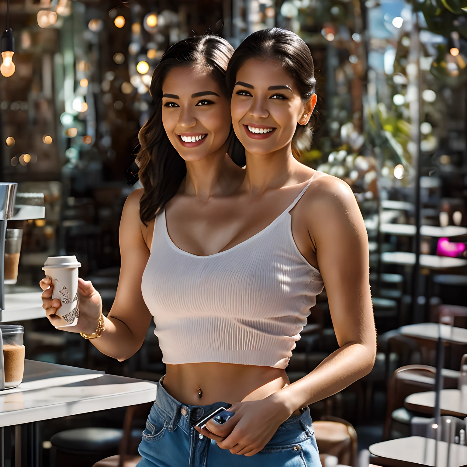 2heads:1.5, beautiful, light skin, American girl, 20 years old, brown flowing hair, hair down, large breasts, wearing a white crop top, wearing black bell bottoms, smiling, delicate body hair visible, visible acne on forehead, very detailed and realistic skin with some body hair on arms, in a coffee shop, holding phone with pink case, taking selfie, 35mm, F/2.8, insanely detailed, intricate, character, hypermaximalist, elegant, ornate, beautiful, revealing, appealing, attractive, amative, hyper-realistic, 4k, high resolution,