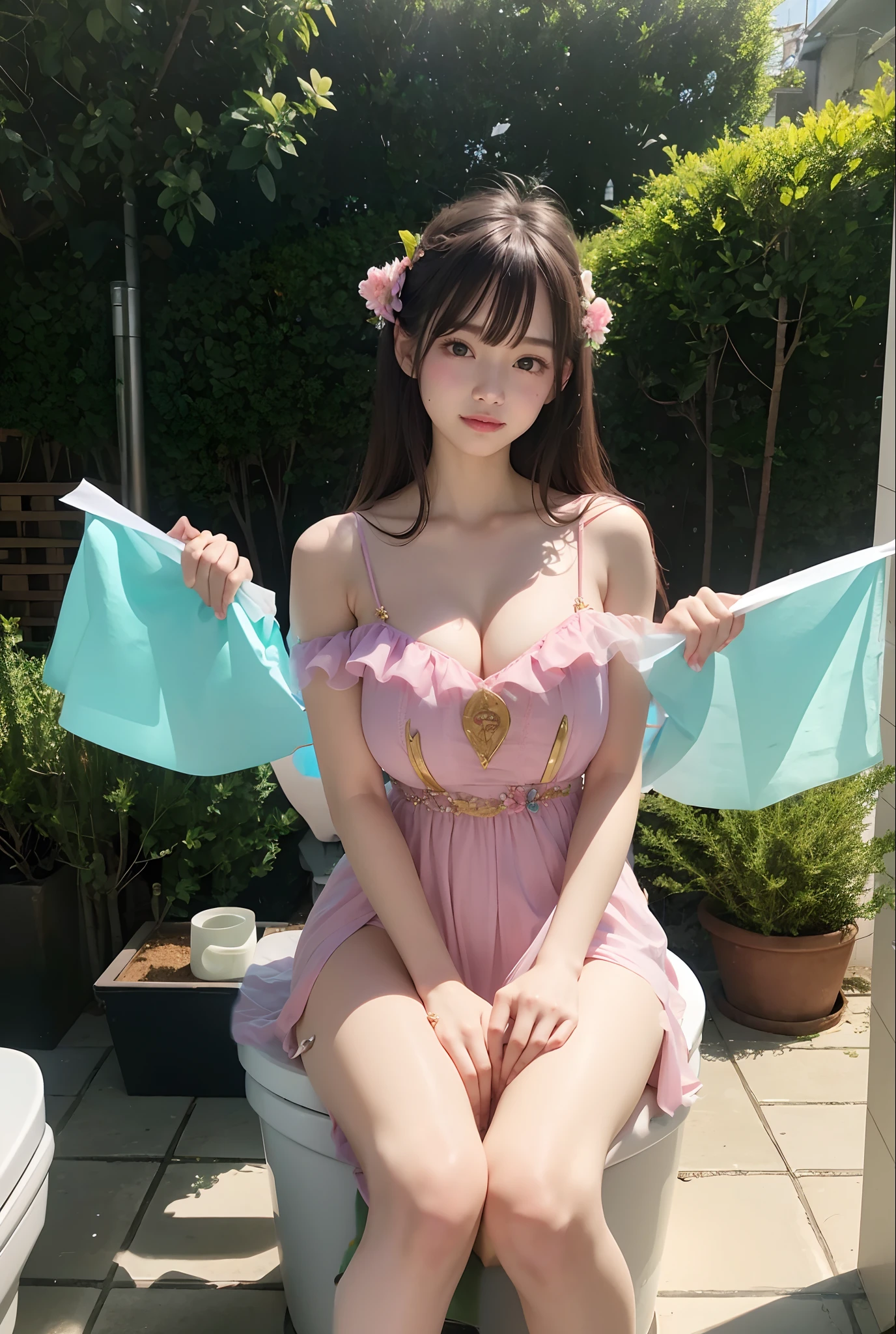 Beautiful toilet、Pastel color wallpaper、Toilet paper is raining down、top-quality