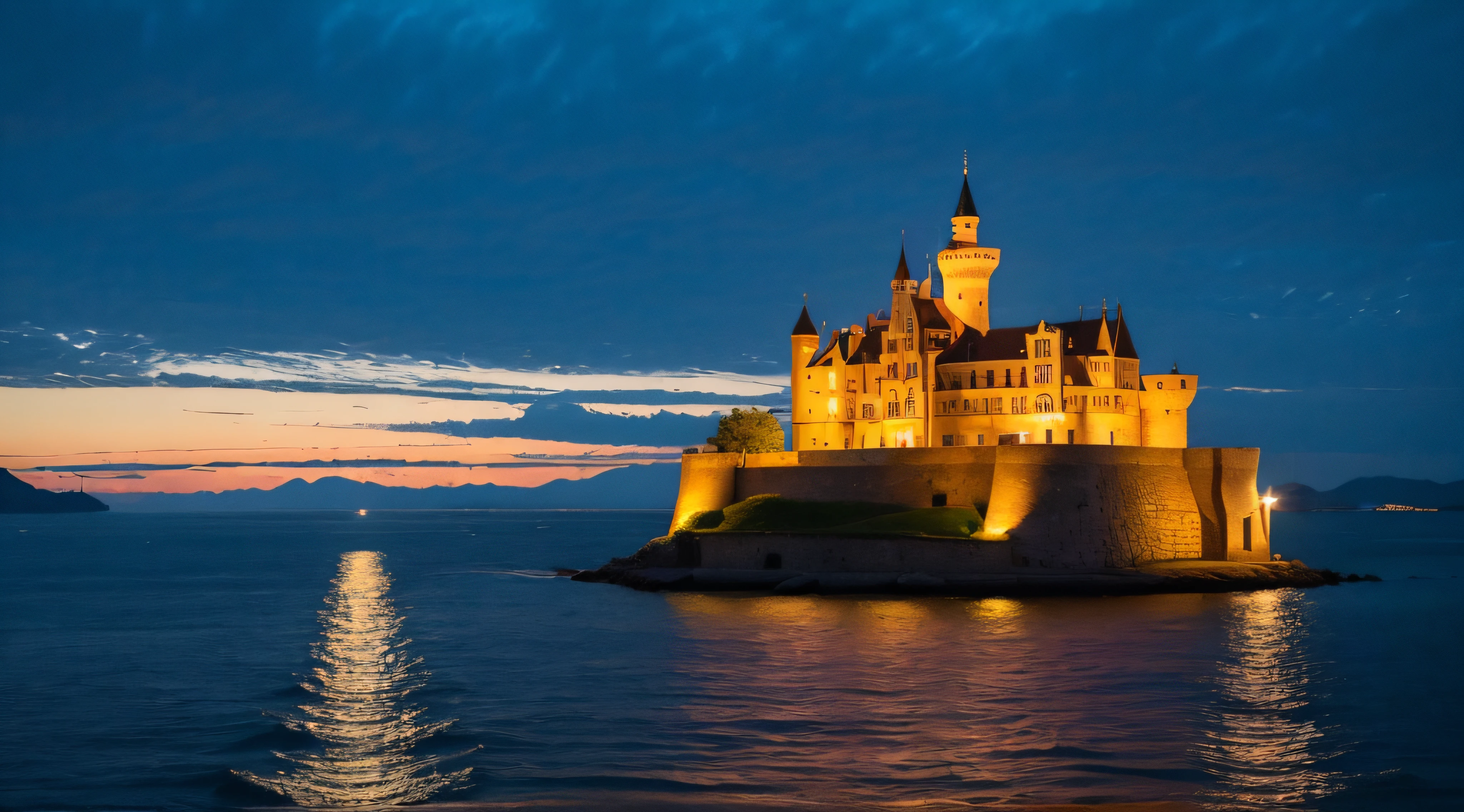 (((Superb view))),((masterpiece,top-quality,16 K)),Castle on the sea,Ultra-detailed castle,mid night,Pitch black sea,Castle lit up