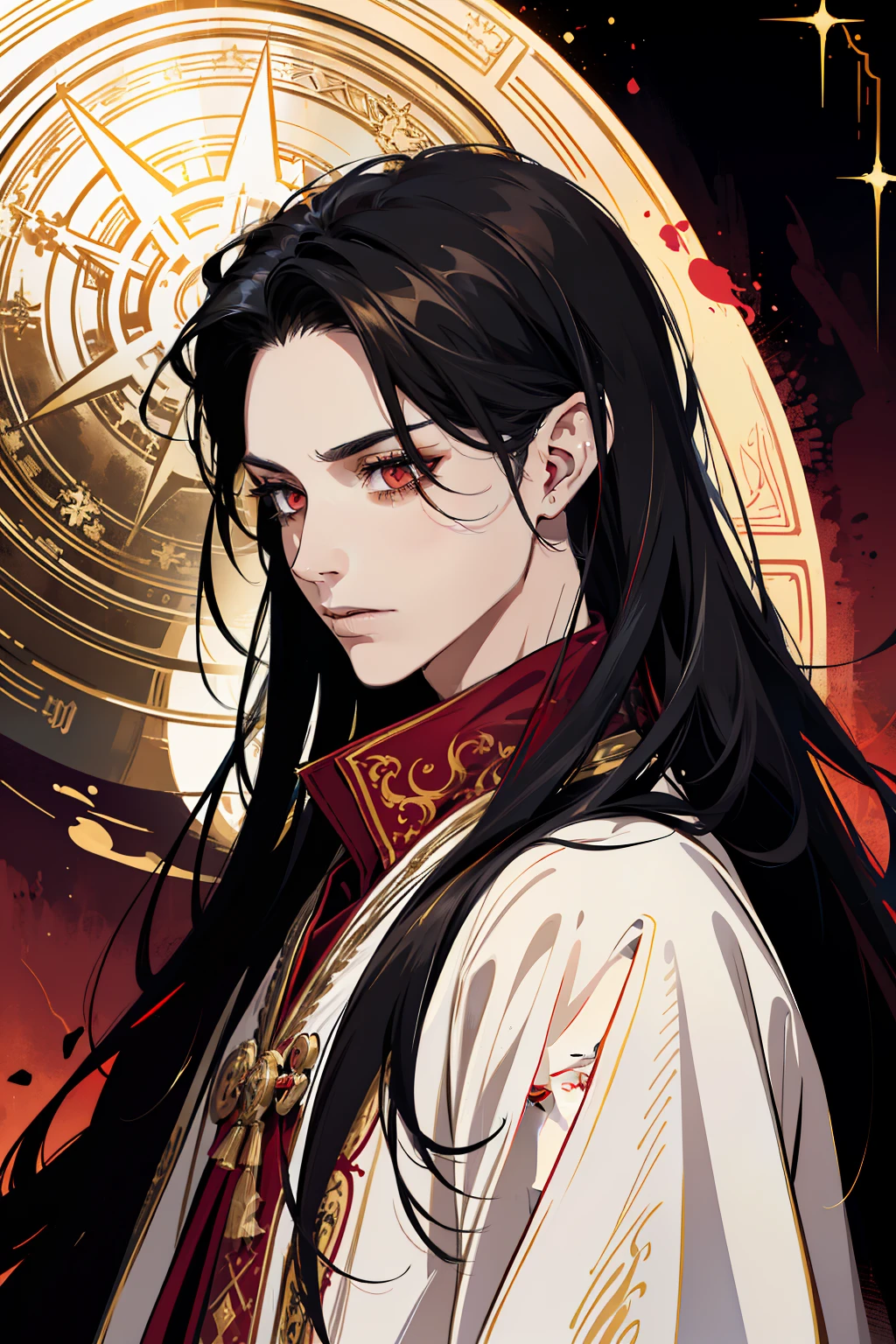 Single male,Handsome,portrait, Occult magic,black hair,long hair, straight hair, light skin, dark saturated red eyes, red colors, black colors, gold colors,white colors,fantasy robes, flowy,The face is stern,pointed ears, Clear eyes,fantasy,castle walls background, throne, Rich in color,Bust photo,Close-up shot