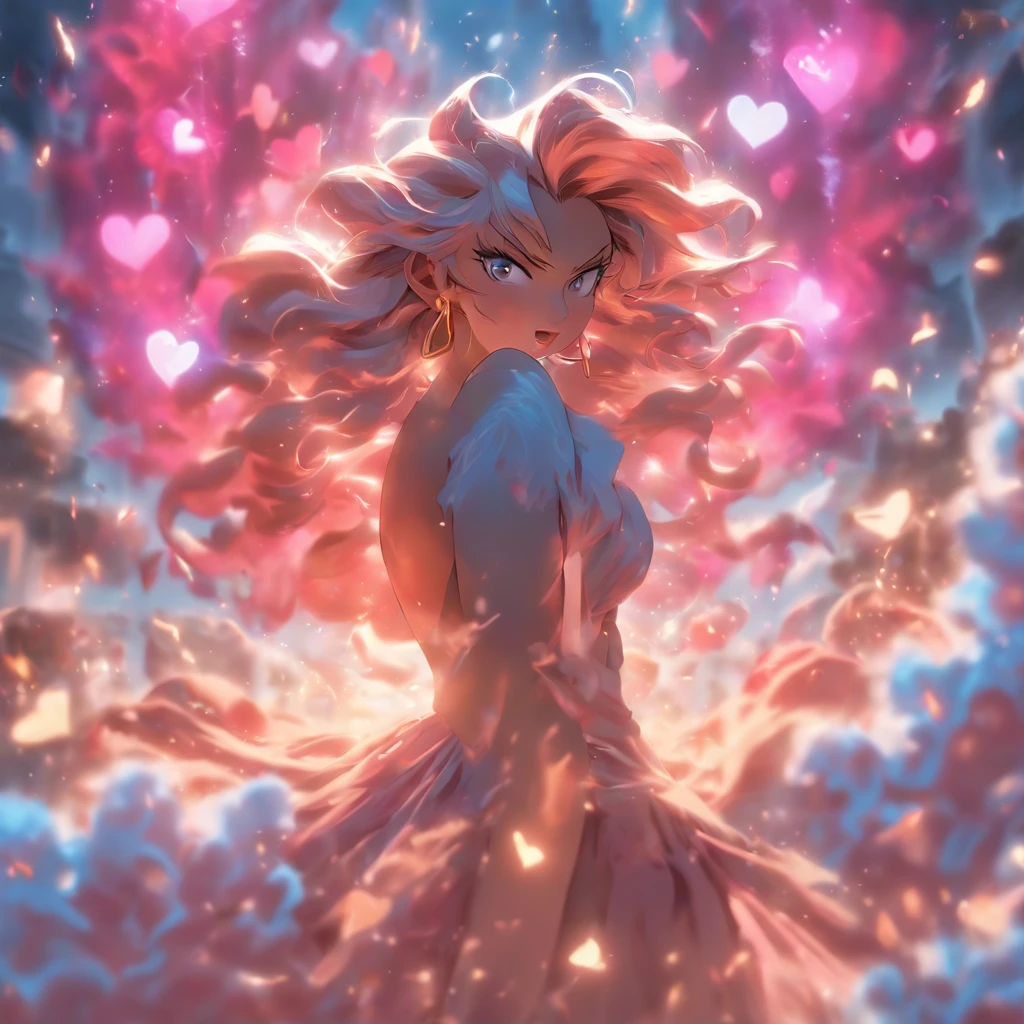 (best quality,4k,8k,highres,masterpiece:1.2),ultra-detailed,(realistic,photorealistic,photo-realistic:1.37),angry goddess of love with glowing pink hearts, yelling, anger, love,divine,beautiful detailed eyes,beautiful detailed lips,extremely detailed eyes and face,longeyelashes,fiery red hair,flowing golden gown,wrathful expression,glowing aura,fierce energy,hearts bursting out of her chest,stormy clouds,thunder and lightning,wind blowing dramatically,cracking ground,powerful goddess presence,pink glowing hearts swirling around her,sparkling energies,surrounded by a celestial garden,floating flower petals in the air,fragrant flowers in vibrant colors,butterflies and birds flying around,majestic sculptures,decorative fountains,oversized heart-shaped sculptures,black and white marble stone pathways,vivid colors,powerful contrast,harmonious color palette,enchanting lighting effects,soft pink hues,purple-pink sunset in the background