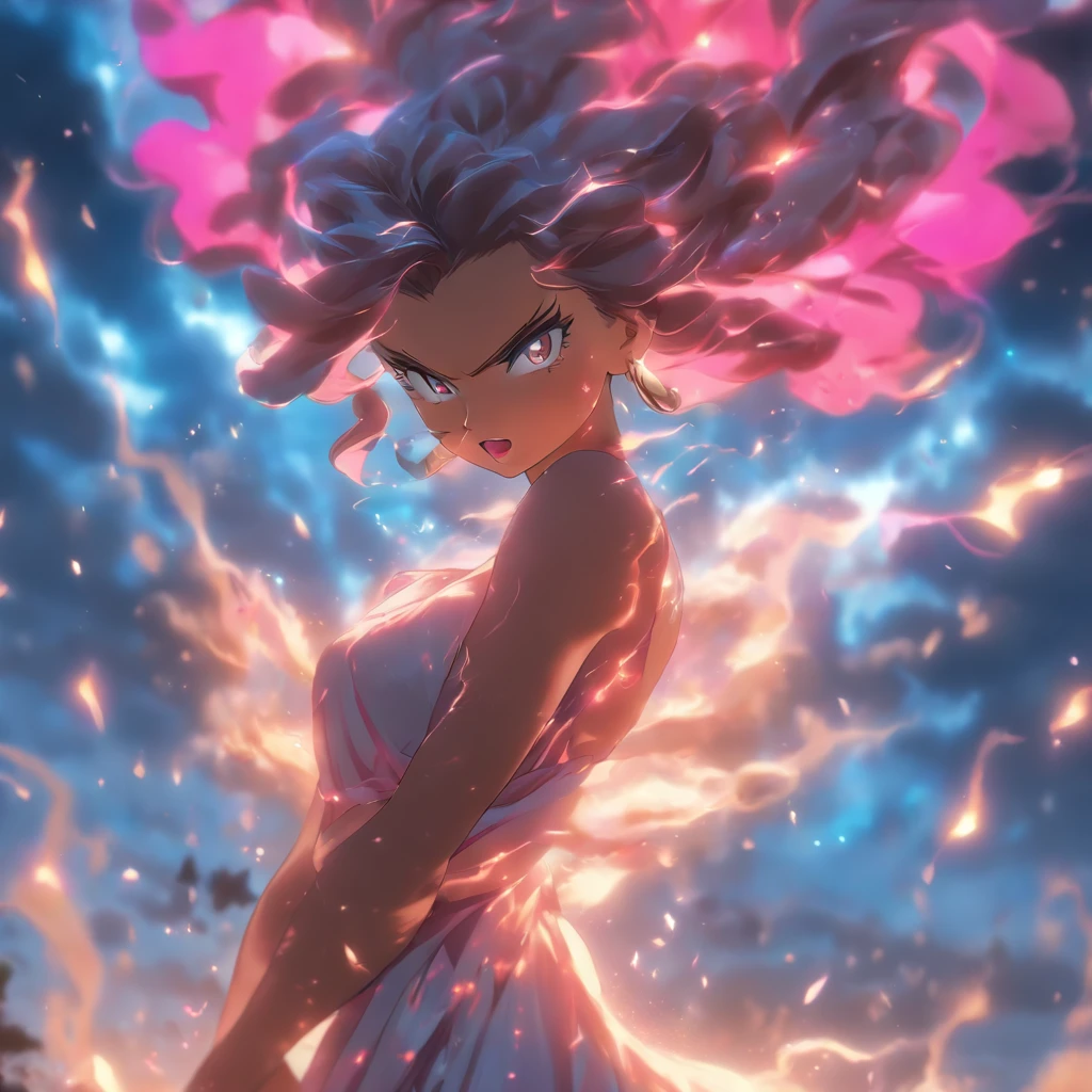 (best quality,4k,8k,highres,masterpiece:1.2),ultra-detailed,(realistic,photorealistic,photo-realistic:1.37),angry goddess of love with glowing pink hearts, yelling, anger, love,divine,beautiful detailed eyes,beautiful detailed lips,extremely detailed eyes and face,longeyelashes,fiery red hair,flowing golden gown,wrathful expression,glowing aura,fierce energy,hearts bursting out of her chest,stormy clouds,thunder and lightning,wind blowing dramatically,cracking ground,powerful goddess presence,pink glowing hearts swirling around her,sparkling energies,surrounded by a celestial garden,floating flower petals in the air,fragrant flowers in vibrant colors,butterflies and birds flying around,majestic sculptures,decorative fountains,oversized heart-shaped sculptures,black and white marble stone pathways,vivid colors,powerful contrast,harmonious color palette,enchanting lighting effects,soft pink hues,purple-pink sunset in the background