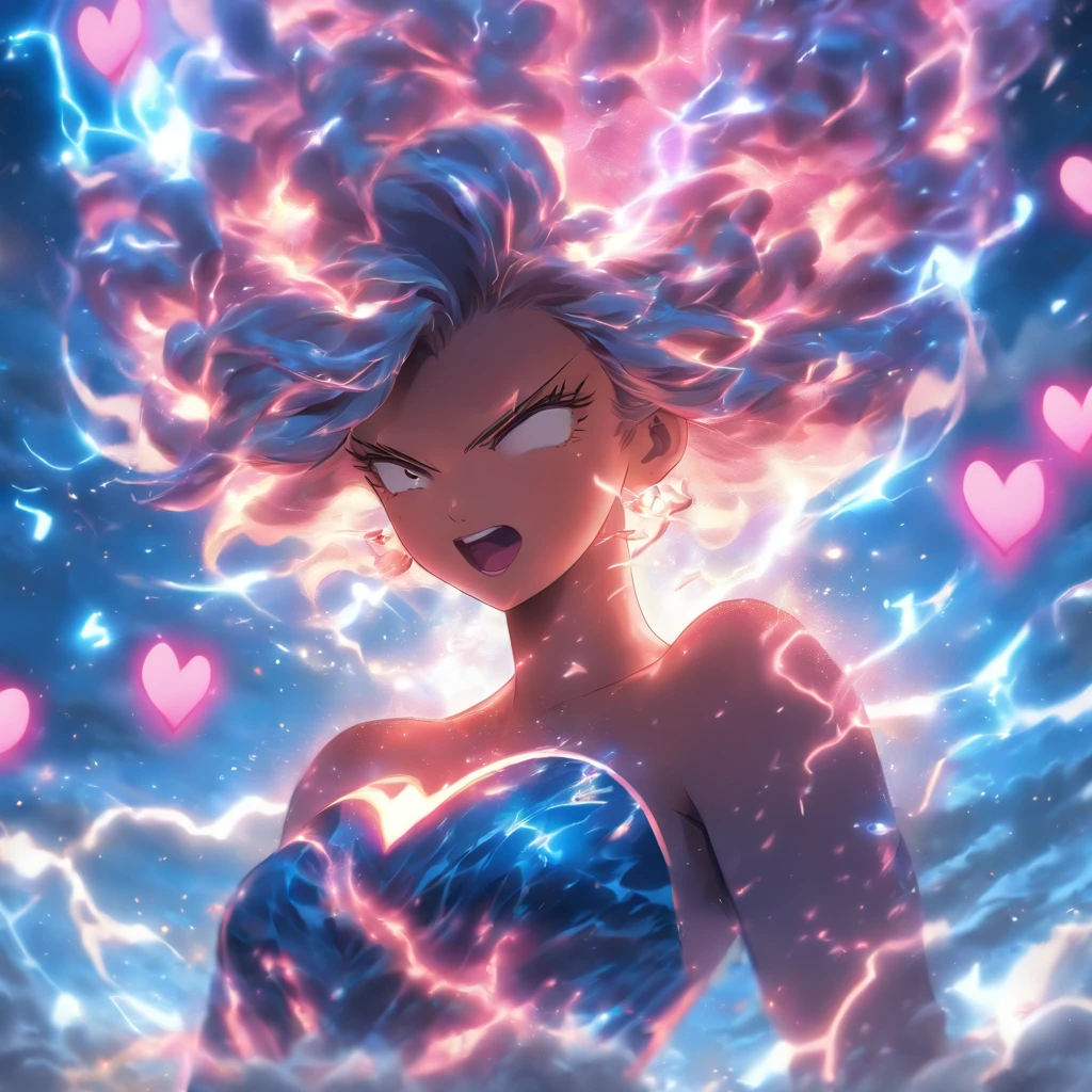 (best quality,4k,8k,highres,masterpiece:1.2),ultra-detailed,(realistic,photorealistic,photo-realistic:1.37),angry goddess of love with glowing pink hearts, yelling, anger, love,divine,beautiful detailed eyes,beautiful detailed lips,extremely detailed eyes and face,longeyelashes,fiery red hair,flowing golden gown,wrathful expression,glowing aura,fierce energy,hearts bursting out of her chest,stormy clouds,thunder and lightning,wind blowing dramatically,cracking ground,powerful goddess presence,pink glowing hearts swirling around her,sparkling energies,surrounded by a celestial garden,floating flower petals in the air,fragrant flowers in vibrant colors,butterflies and birds flying around,majestic sculptures,decorative fountains,oversized heart-shaped sculptures,black and white marble stone pathways,vivid colors,powerful contrast,harmonious color palette,enchanting lighting effects,soft pink hues,purple-pink sunset in the background