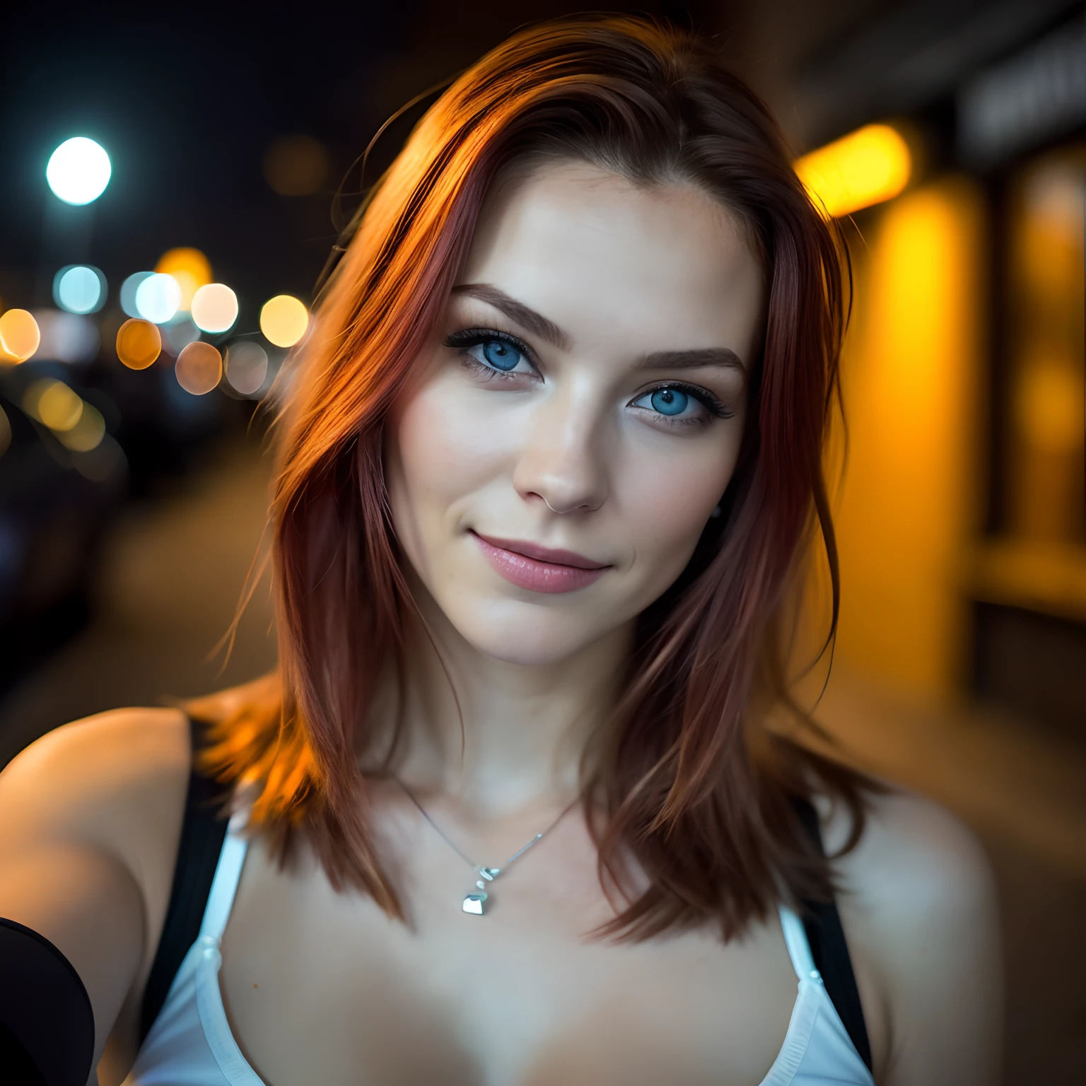 (Selfie, Draufsicht: 1.4), (straight half of the body: 1.4), RAW UHD portrait photo of a 24-year-old blonde (Blue-eyed woman) Eine dunkle Gasse entlanggehen, medium breasts,, Stadt bei Tag, (Rock), (Ausschnitt), Details (Gewebe! , Haar! , Glitzer, Farbe!! , Benachteiligungen: 1.1), shiny eyes with high level of detail (Blick in die Kamera), SLR-Beleuchtung, Spiegelreflexkamera, ultra quality, Sharpness, Depth of field, Filmkorn (Mitte), Fujifilm XT3, kristallklar, Rahmenmitte, Beautiful face, Scharfer Fokus, Streetlight, Neonbeleuchtung, bokeh (schwach beleuchtet), Nacht, (Nachthimmel), Detaillierte Hautporen, Oily skin, Sonnenbrand, Komplexe AugenDetails, full entire body, big boobs, red hair