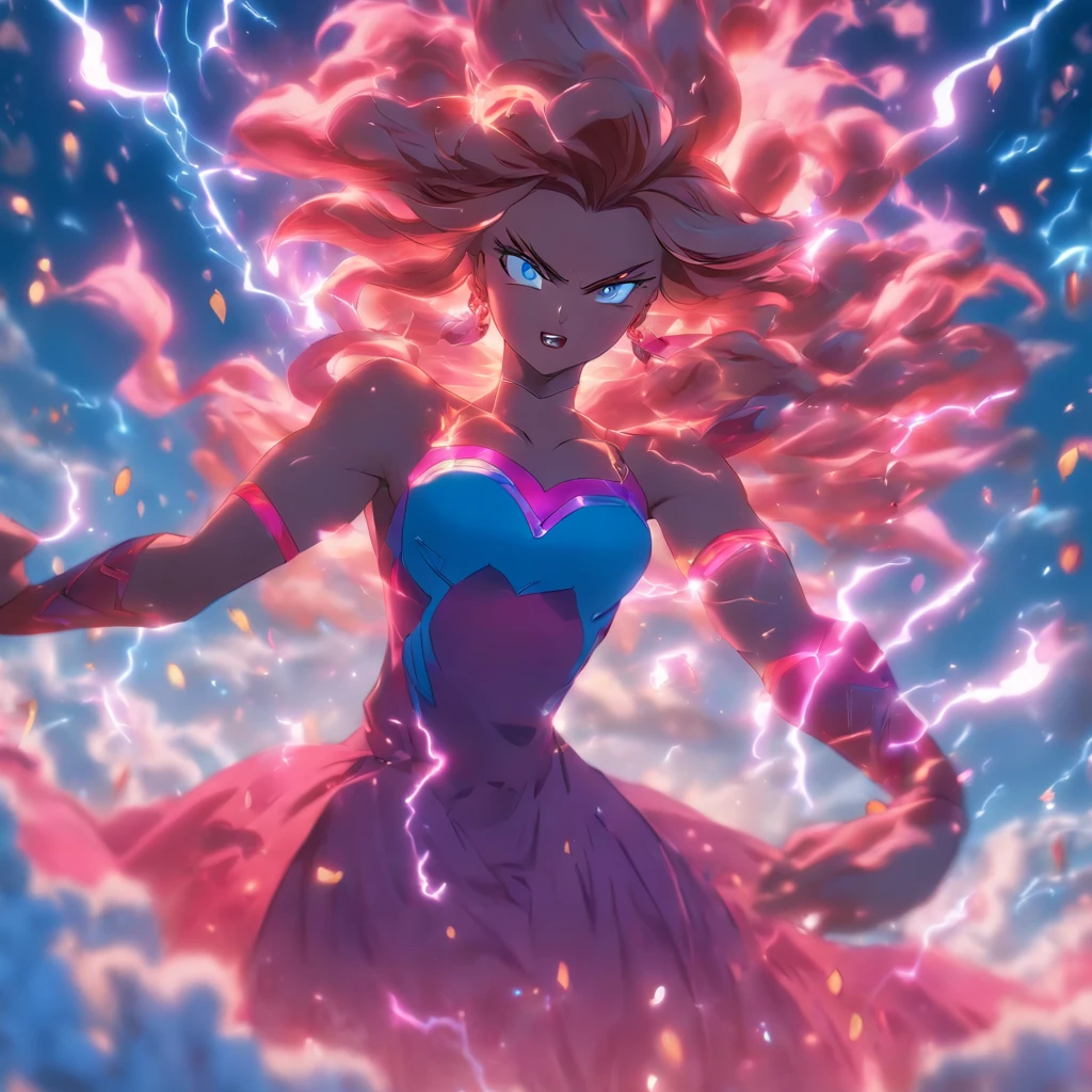 (best quality,4k,8k,highres,masterpiece:1.2),ultra-detailed,(realistic,photorealistic,photo-realistic:1.37),angry goddess of love with glowing pink hearts, yelling, anger, love,divine,beautiful detailed eyes,beautiful detailed lips,extremely detailed eyes and face,longeyelashes,fiery red hair,flowing golden gown,wrathful expression,glowing aura,fierce energy,hearts bursting out of her chest,stormy clouds,thunder and lightning,wind blowing dramatically,cracking ground,powerful goddess presence,pink glowing hearts swirling around her,sparkling energies,surrounded by a celestial garden,floating flower petals in the air,fragrant flowers in vibrant colors,butterflies and birds flying around,majestic sculptures,decorative fountains,oversized heart-shaped sculptures,black and white marble stone pathways,vivid colors,powerful contrast,harmonious color palette,enchanting lighting effects,soft pink hues,purple-pink sunset in the background
