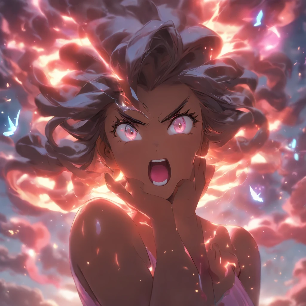 (best quality,4k,8k,highres,masterpiece:1.2),ultra-detailed,(realistic,photorealistic,photo-realistic:1.37),angry goddess of love with glowing pink hearts, yelling, anger, love,divine,beautiful detailed eyes,beautiful detailed lips,extremely detailed eyes and face,longeyelashes,fiery red hair,flowing golden gown,wrathful expression,glowing aura,fierce energy,hearts bursting out of her chest,stormy clouds,thunder and lightning,wind blowing dramatically,cracking ground,powerful goddess presence,pink glowing hearts swirling around her,sparkling energies,surrounded by a celestial garden,floating flower petals in the air,fragrant flowers in vibrant colors,butterflies and birds flying around,majestic sculptures,decorative fountains,oversized heart-shaped sculptures,black and white marble stone pathways,vivid colors,powerful contrast,harmonious color palette,enchanting lighting effects,soft pink hues,purple-pink sunset in the background