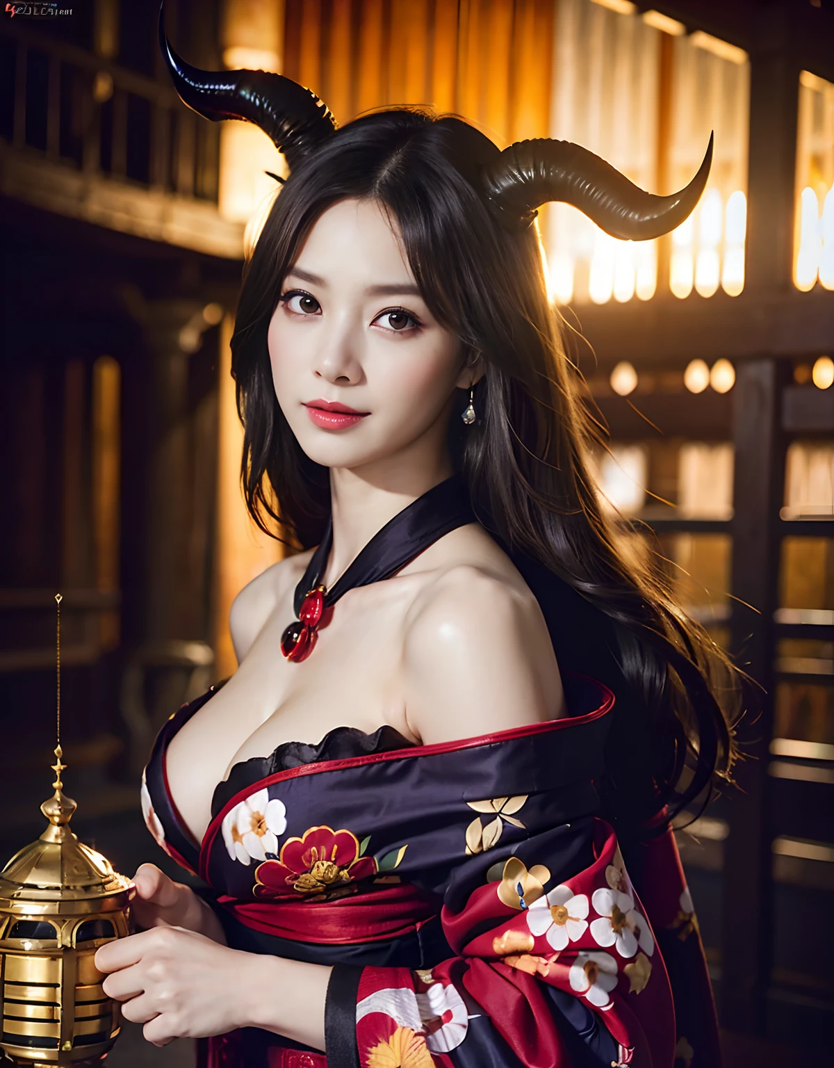 (((masutepiece,))),Professional , ​masterpiece、top-quality、photos realistic , depth of fields 、Raw photo、1a person、glowy skin、（sexypose）、(Black maple on the background of full bloom),（Ultimate Beauty）、A dark-haired、Mystical expression、ultrasharp、(a temple background),（Red torii gate）、（shrine background)、（Kimono with beautiful pattern）、（Night background）、Beautiful hair ornament on the head、,(intense fighting）,（（Precipitous cliffs））,(Wear a beautiful kimono),（Wear a colorful and beautiful kimono）、（Japan Castle Background）、Jewel Gold Weapon、Particles of light),(intense fighting）、Gorgeous gold weapons ,Castle background、（（ Gorgeous Dragon Sword）） , （a dark night）,,（maikurobikini） 、（（Black Haired Beautiful Girl））、（Castle background）、（demonic wings）、（（Gangle's forest background））、Beautiful Caucasian beauty、１a person、dynamic ungle,(((Two devil's horns on the head)))、Smaller head、Idle Smile、Thin and beautiful female hands、Mystical expression、Light Effects、intense fighting、Wind-effect、magic circles、With the legendary magic wand、Dragon's tail、Anatomically correct fingers、Full Body Angle、Anatomically correct number of fingers、Full Body Angle、（cleavage of the breast）、
