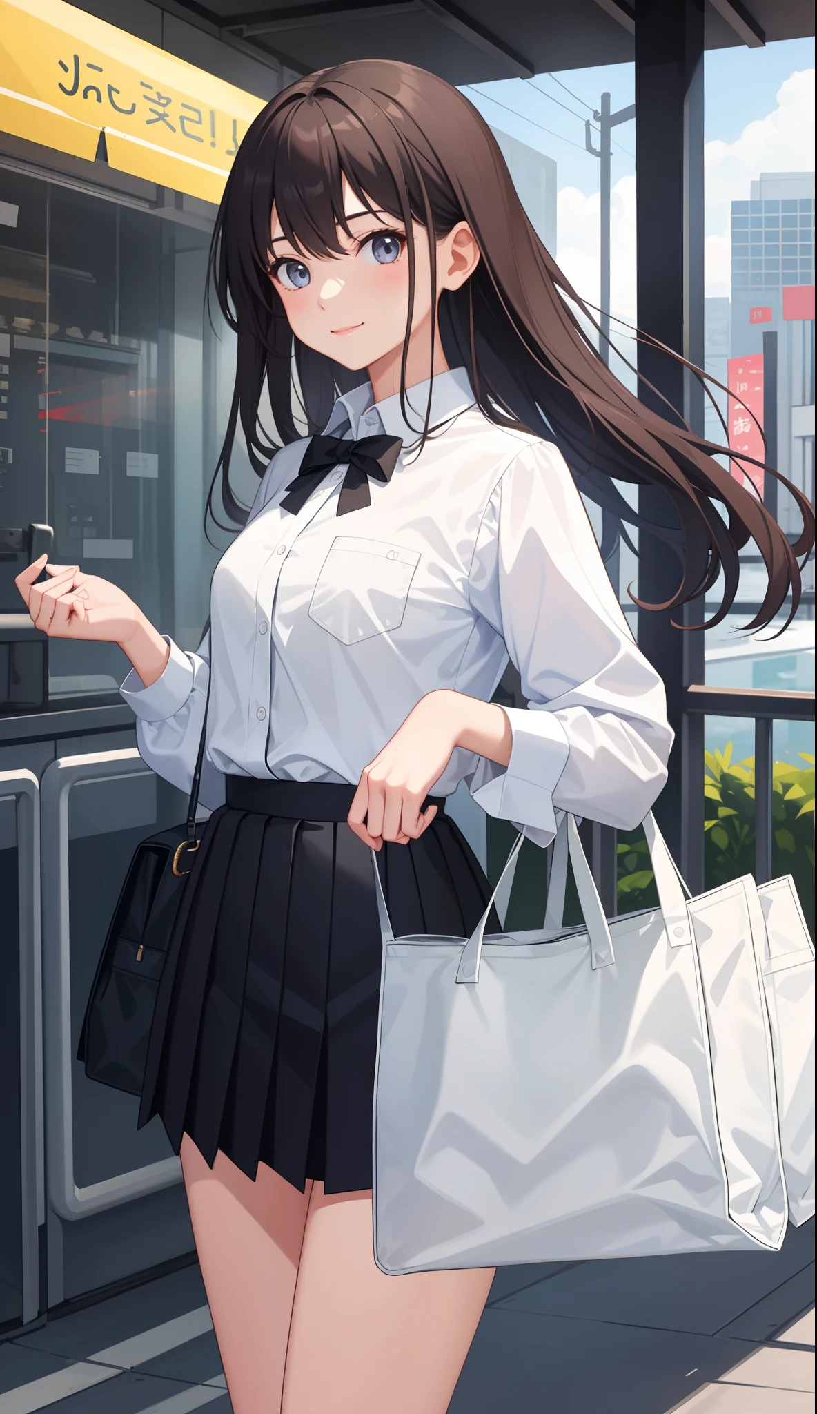 1girl in、AS-Adult、A smile、The shirt、skirt by the、(small tits)、Upper body portrait、