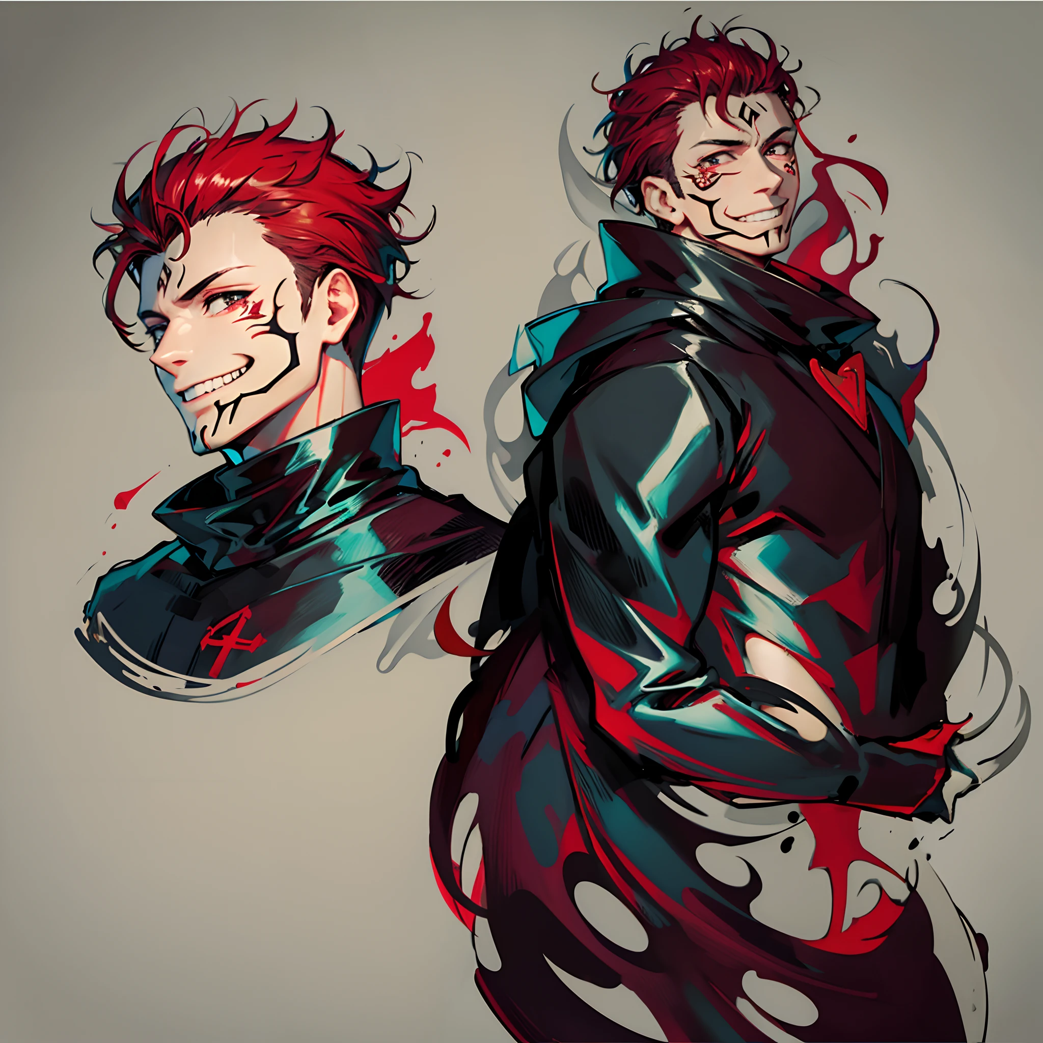 marcas no rosto,Homem, face with sadistic smile,roupa kimono preto com flores brancas manchadas de sangue