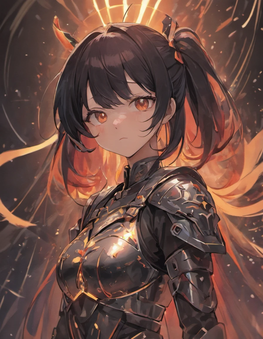 anime - style image of a woman in armor with long black hair, badass anime 8 k, portrait of a female anime hero, by Jin Homura, attractive matoi ryuko, female anime character, ryuko matoi, anime style like fate/stay night, covered in full metal armor, black armor, red eyes,