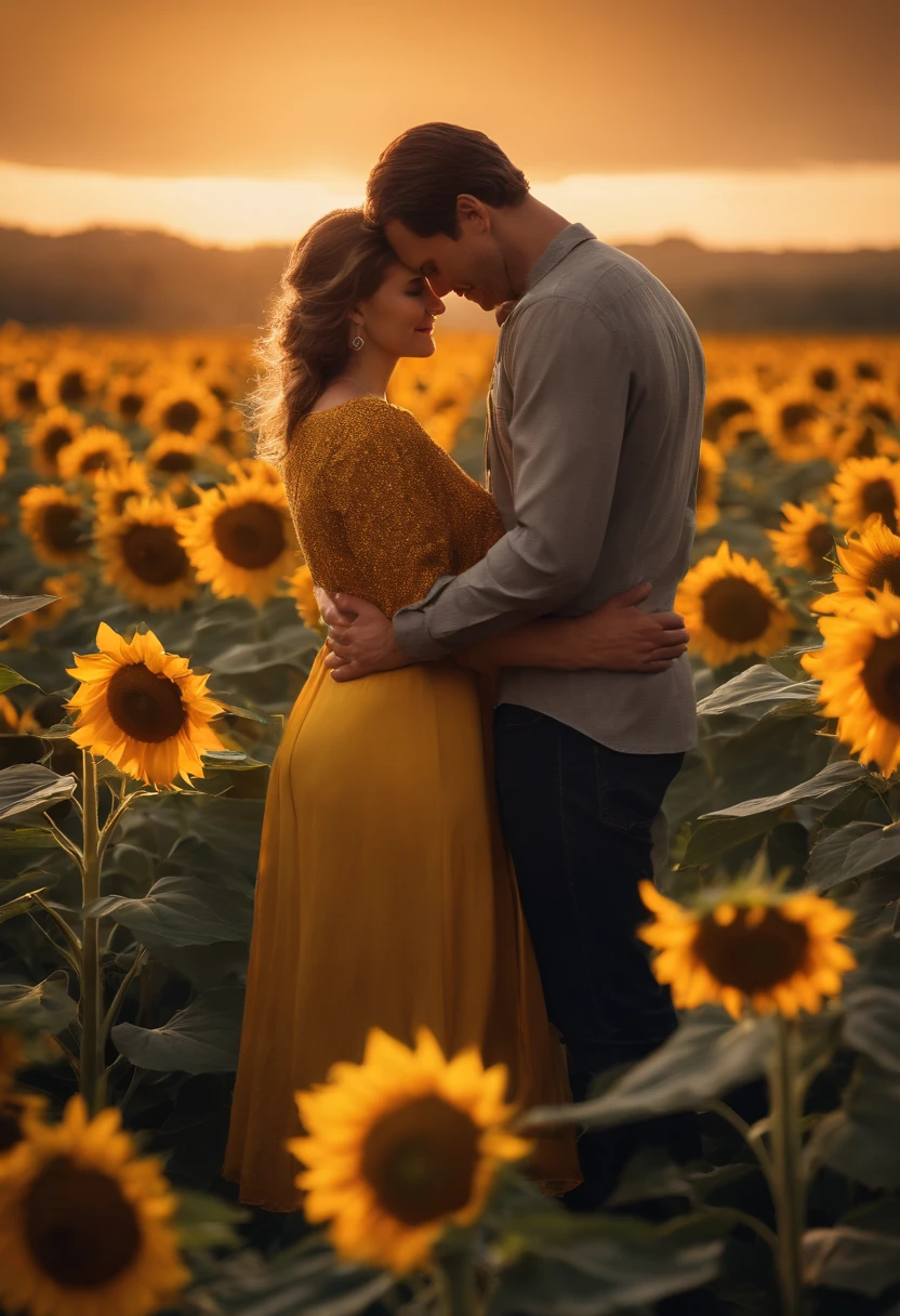 Generate a high-resolution image depicting a tall man, approximately 185 centimeters in height, tenderly embracing a woman who is about 160 centimeters tall. They stand amidst a vast field of vibrant sunflowers, with the golden hues of a picturesque sunset casting warm, soft light upon them. The scene should capture every intricate detail, from the texture of the sunflowers' petals to the expressions of joy and love on the faces of the man and woman. The realism and emotional depth of this image should be impeccable.