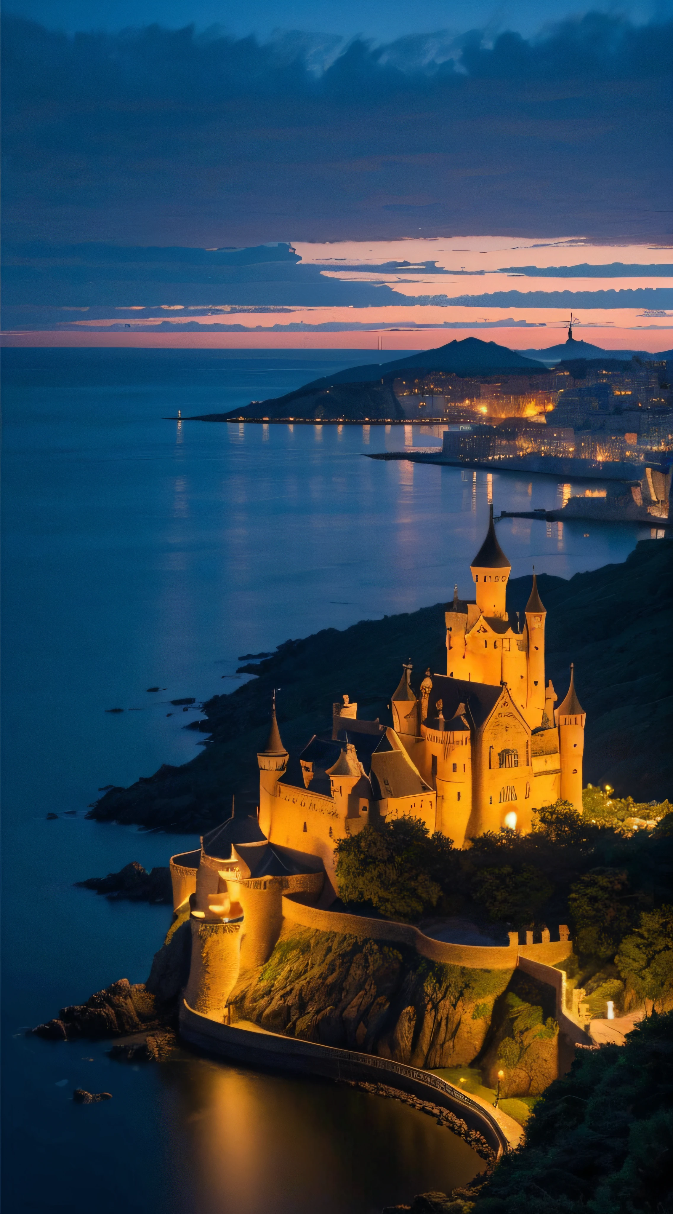 (((Superb view))),((​masterpiece,top-quality,16 K)),Castle on the sea,Ultra-detailed castle,mid night,Pitch black sea,Castle lit up