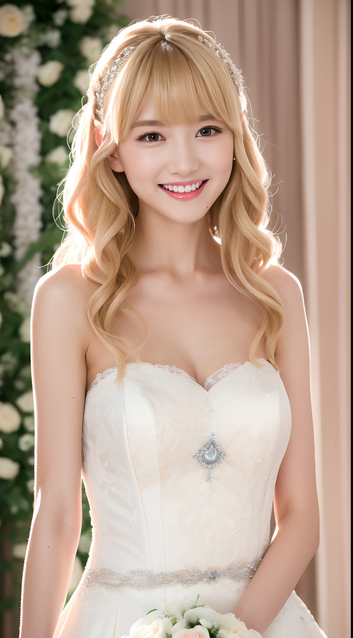 4K、top-quality、masutepiece、19 year old woman、a blond、With bangs、Straight Long Hair、((wedding dress))、wedding hall、Smiling at the camera