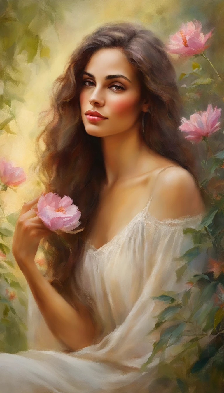 uma bela mulher na casa dos trinta anos, topless, seios de fora. nua, pelada, seios enormes, com olhos hipnotizantes, long flowing hair, and a confident expression. She is sitting in a vibrant and colorful garden, surrounded by lush greenery and blooming flowers. Sunlight filters through the leaves, creating a soft and ethereal environment. The woman's skin is flawless and radiant, with a healthy glow. His pose is relaxed, with one hand resting on the knee and the other gently touching a flower petal. The scene is captured in a dreamy and pictorial style, assemelhando-se a um retrato renascentista ou a uma obra-prima impressionista. The colors are vivid and saturated, com uma paleta de cores acolhedora e convidativa. The lighting is soft and diffused, casting a soft glow on the woman's face and highlighting the delicate details of her features. The overall image quality is of the highest caliber, with ultra-detailed textures and realistic rendering. The work exudes a sense of tranquility, feminilidade, e beleza atemporal.