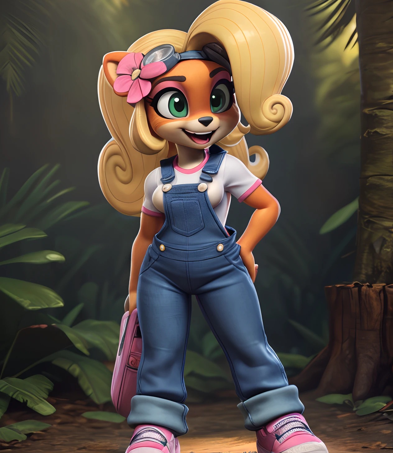[Coco bandicoot], [Uploaded to e621.net; (Pixelsketcher), (wamudraws)], ((masterpiece)), ((high quality)), ((HD)), ((solo portrait)), ((full body)), ((furry; anthro)), ((detailed fur)), ((detailed shading)), ((beautiful 3D render art)), ((front view)), ((shoes visible)), ((intricate details)), {anthro; orange fur, black nose, (cute green eyes), (pink eyeshadow), (excited smile), (mouth open), blonde curly hair, curly ponytail}, {(white shirt), (small boobs), (blue denim overalls), (tight pants), (pink sneakers), (goggles on head), (pink flower on head)}, {(standing), (hands on hips), (pink laptop in hand)}, [background; (tropical forest), (tree stump), (sun rays)]
