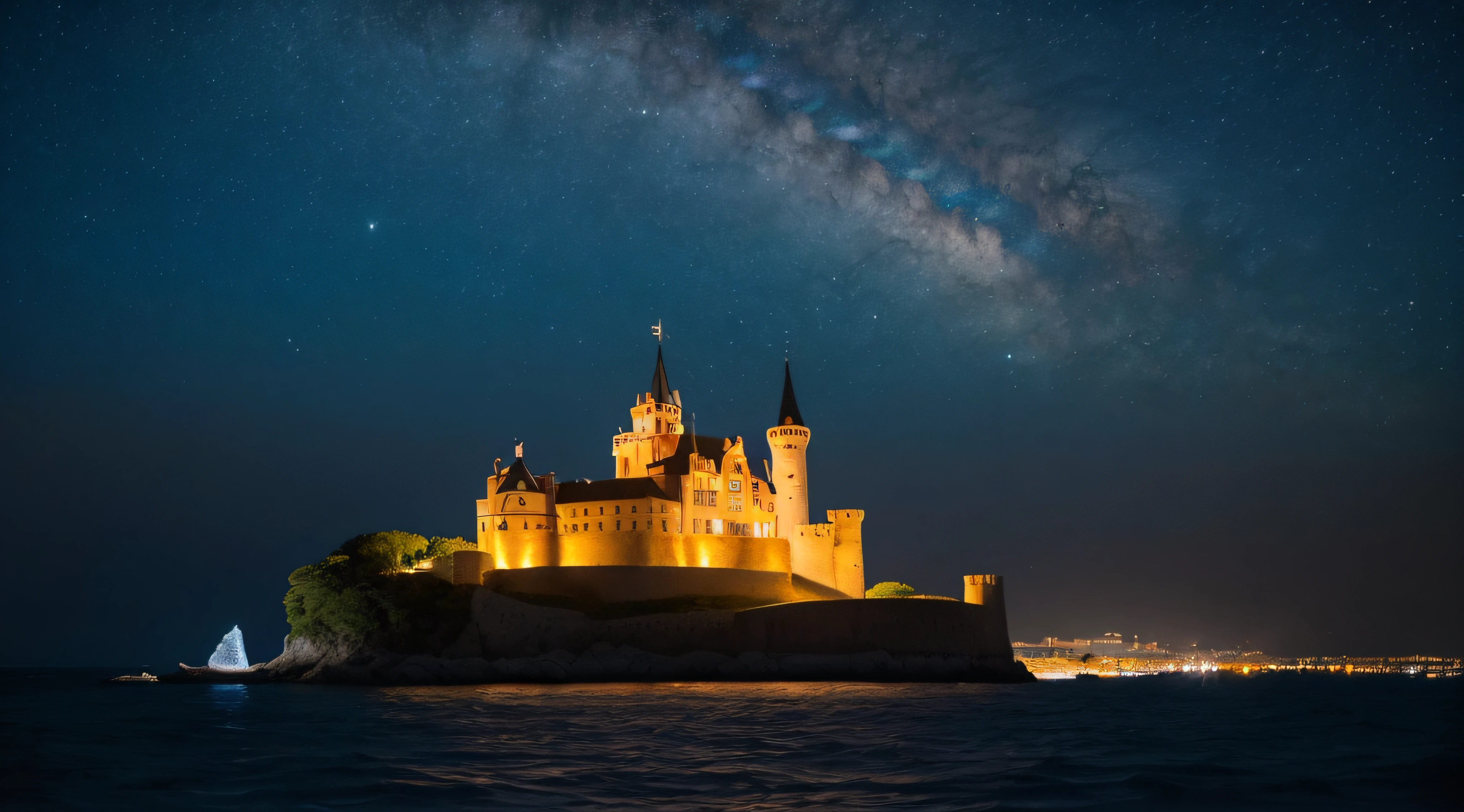 (((Superb view))),((masterpiece,top-quality,16 K)),Castle on the sea,Ultra-detailed castle,mid night,Pitch Black Sea,Castle lit up,Pitch black sky