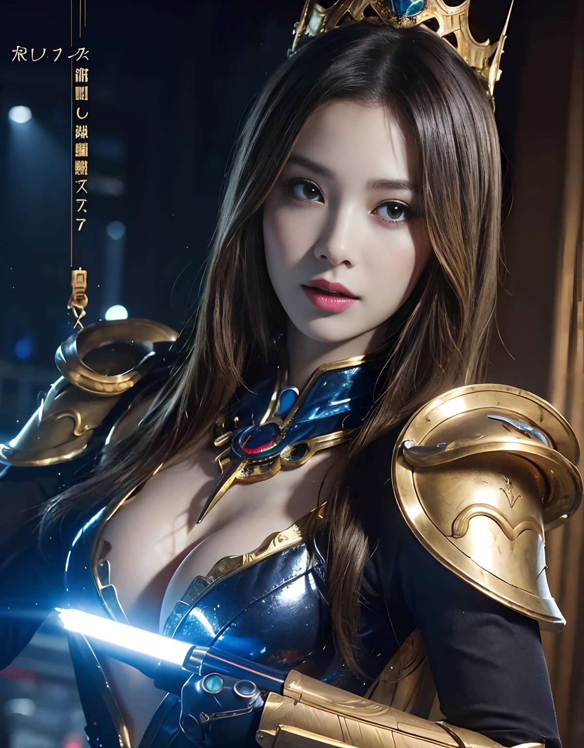 (1 Mechanical Girl)、top-quality、​masterpiece、超A high resolution、(Wearing a crown made of jewels),(Photorealsitic:1.4)、Raw photo、女の子1人、Golden hair、glowy skin、(((1 Mechanical Girl)))、（Realistic dragon background）、（White Dragon Armor）、With a beautiful knife、（Blue Metal Bodysuit）、(beautiful forest background)、Precipitous cliffs、(Small LED)、((super realistic details))、portlate、globalillumination、Shadow、octan render、（One-Eyed Scouter）、With a laser knife、There are goblins、8K、ultrasharp、Colossal tits、Raw skin is exposed in cleavage、metals、Details of complex ornaments、Japan details、highly intricate detail、Realistic light、CGSoation Trends、Red Eyes、radiant eyes、Facing the camera、neon details、(Mechanical limbs)、(blood vessels connected to tubes)、Mechanical vertebrae attached to the back、mechanical cervical attaching to neck、(Wires and cables connecting to the head)、Gundam、Small LED、,Mechanical thighs、Toostock、（Hands are also made of machines）、