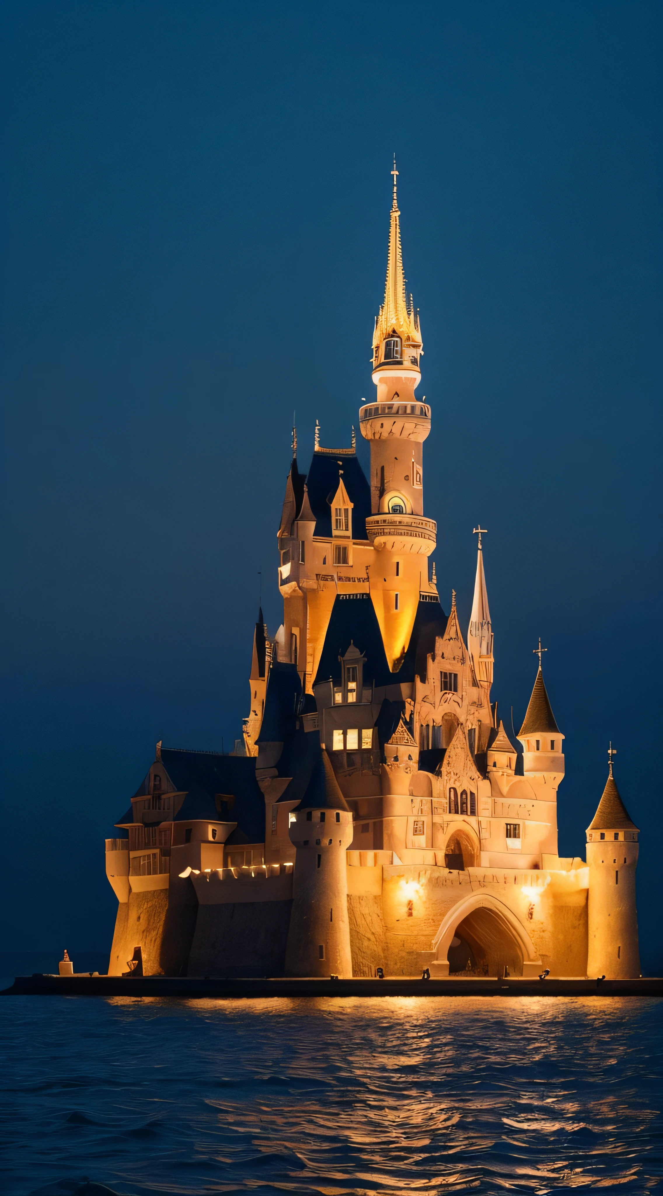 (((Superb view))),((masterpiece,top-quality,16 K)),Castle on the sea,Ultra-detailed castle,mid night,Pitch Black Sea,Castle lit up,Pitch black sky