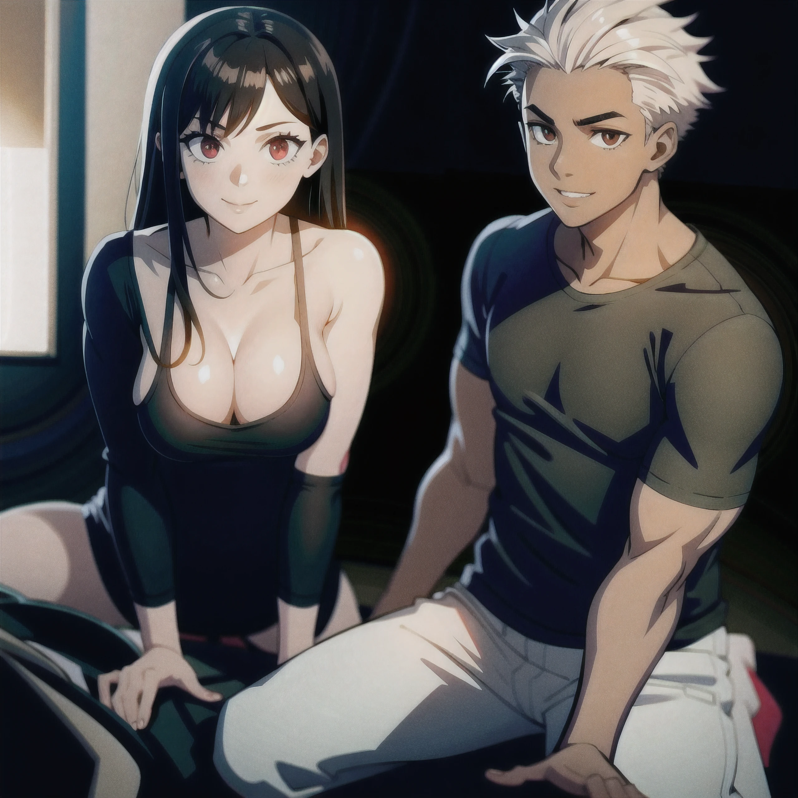 ((girl and boy)) ((best quality, masterpiece, full HD, 4k, best sharpness, incredible graphic quality)), ((boy: olive skin, dark-skinned boy, good physique, spiky white hair, no shirt, hair combed back, intimidating eyes , gentle smile, looking at the girl):0.8)) / ((girl: soft white skin, medium breasts, black tank top, cleavage at the bust, long black hair, red eyes, gaze gentle, sweet smile, looking at the boy):0.8) / ((setting: dark background, blurred background):1.2)