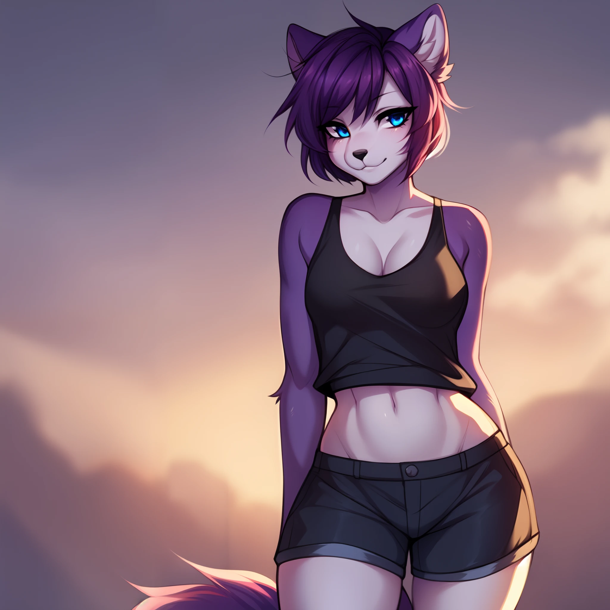 Furry kitsune wolf female anthropomorphic hot pink fur green eyes blue ears wearing a black tank top and black shorts medium breast size soaking wet tail drupey
