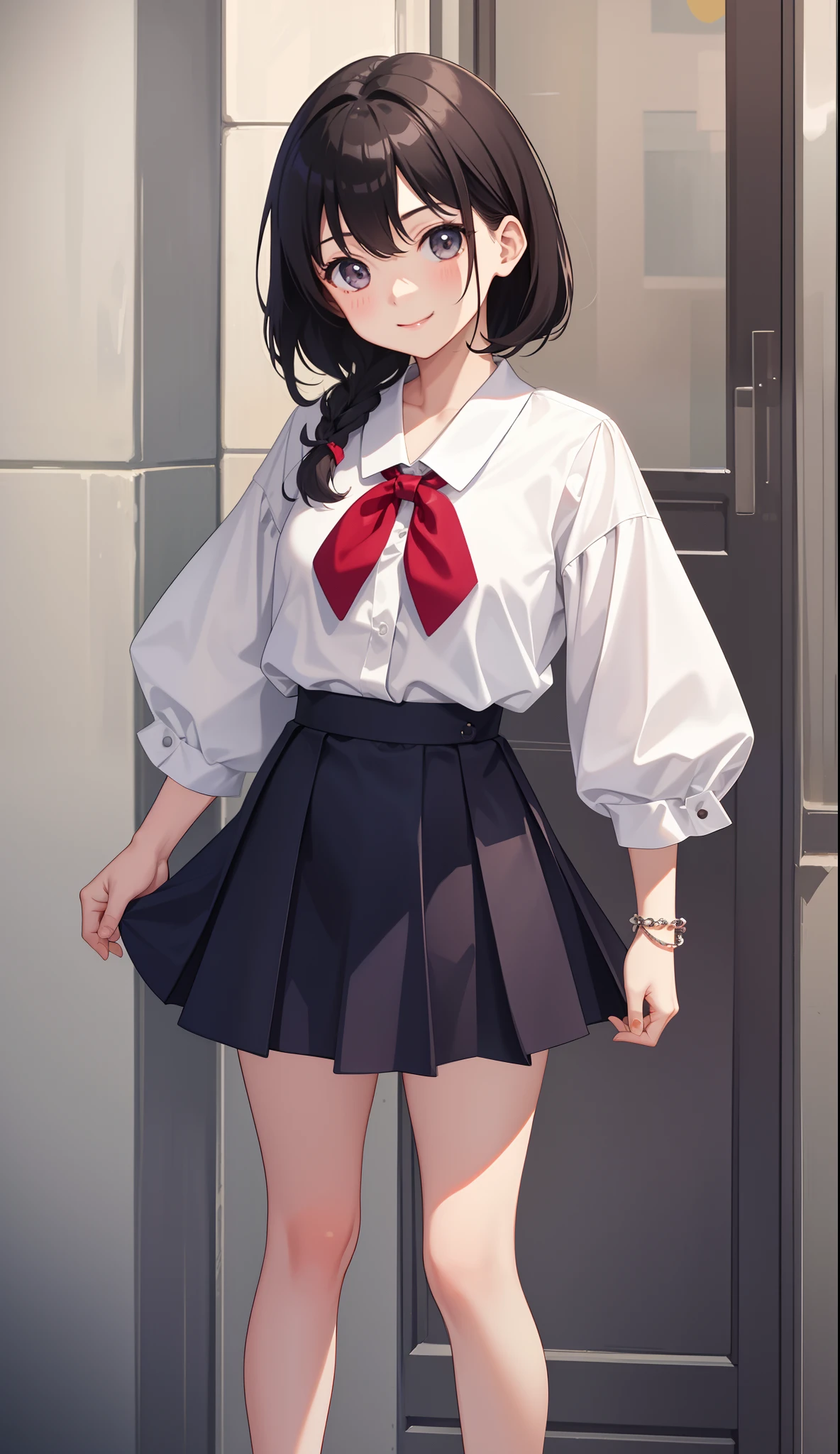 1girl in、AS-Adult、A smile、The shirt、skirt by the、（small tits）、Upper body portrait、