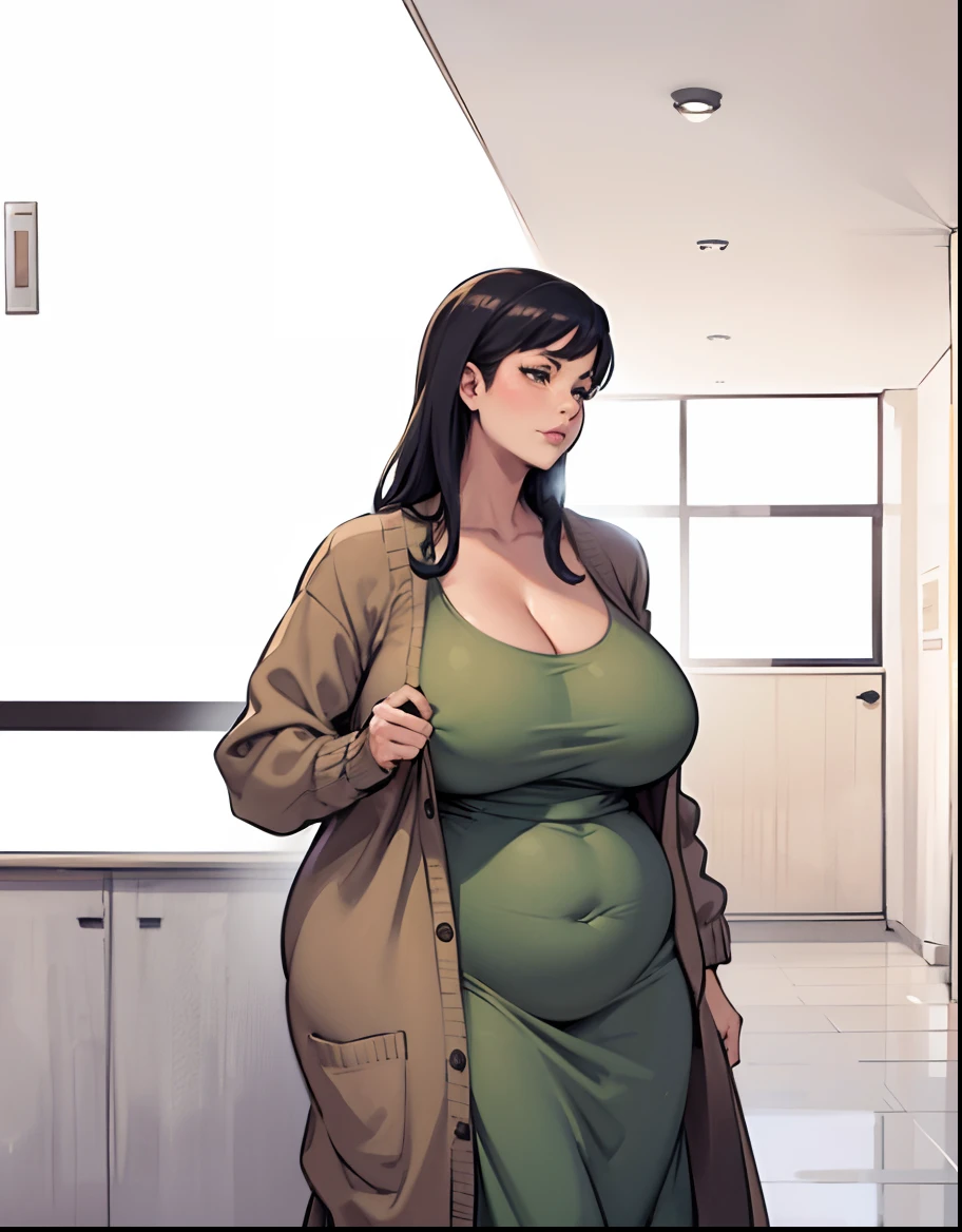 bbw woman in green solid dress and tan cardigan standing in hallway, she has a jiggly fat round belly, big breast, bg city