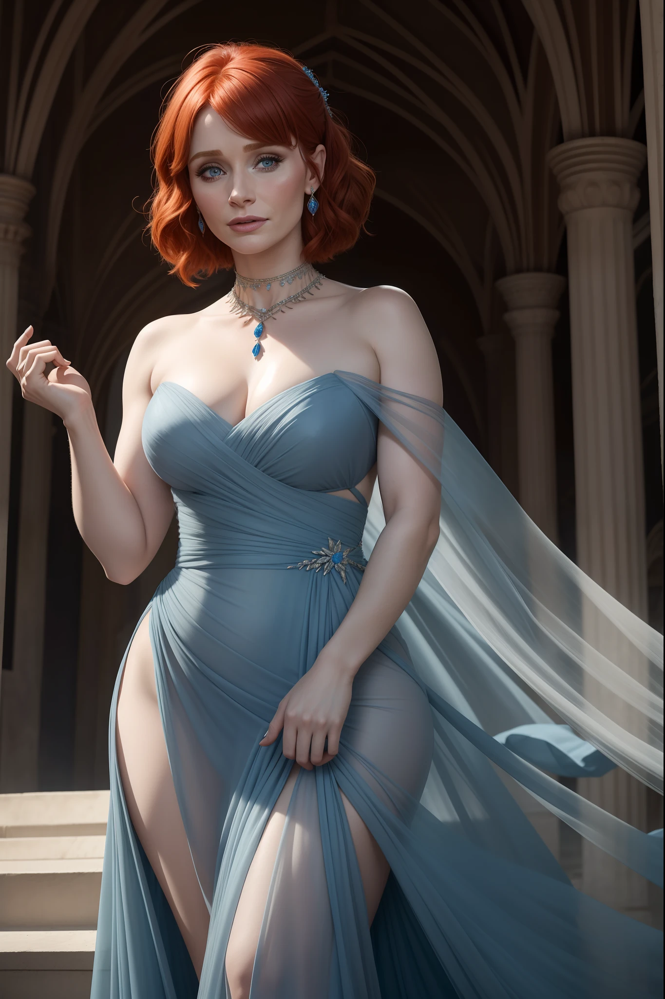 Bryce Dallas Howard in a LONG DRAPED STRAPLESS DRESS, cor branca, estilo grego, delicate facial expression, longos braceletes dourados, colar choker com pedra azul , transparency, Romantismo, Realismo 64K, Sala fechada vazia.