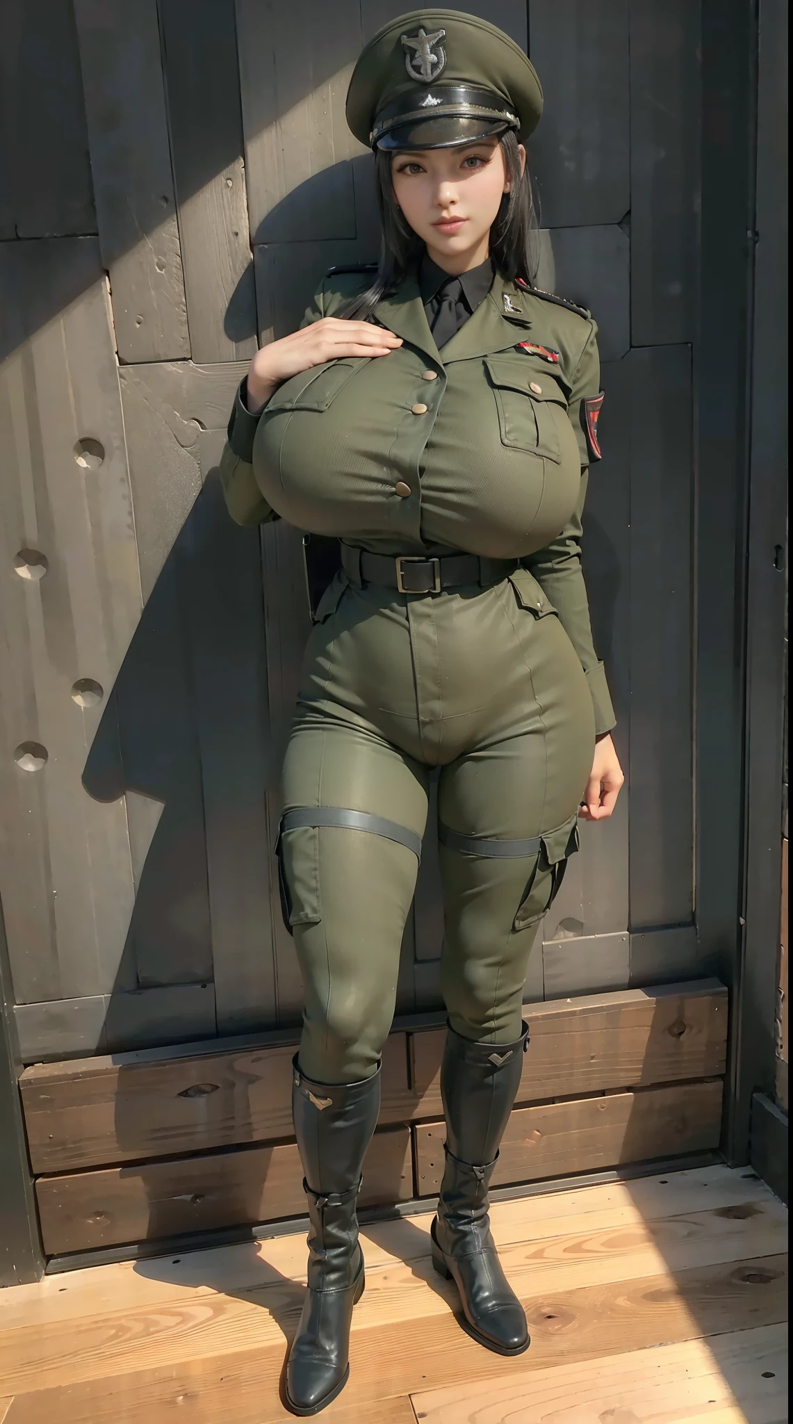 physically-based rendering, 1girl, Female soldier, (huge fake breasts:1.3), sexy muscular body, slim waist, (big buttocks:1.2), (Full body:1.5), skintight army suit, Dark green military uniform.