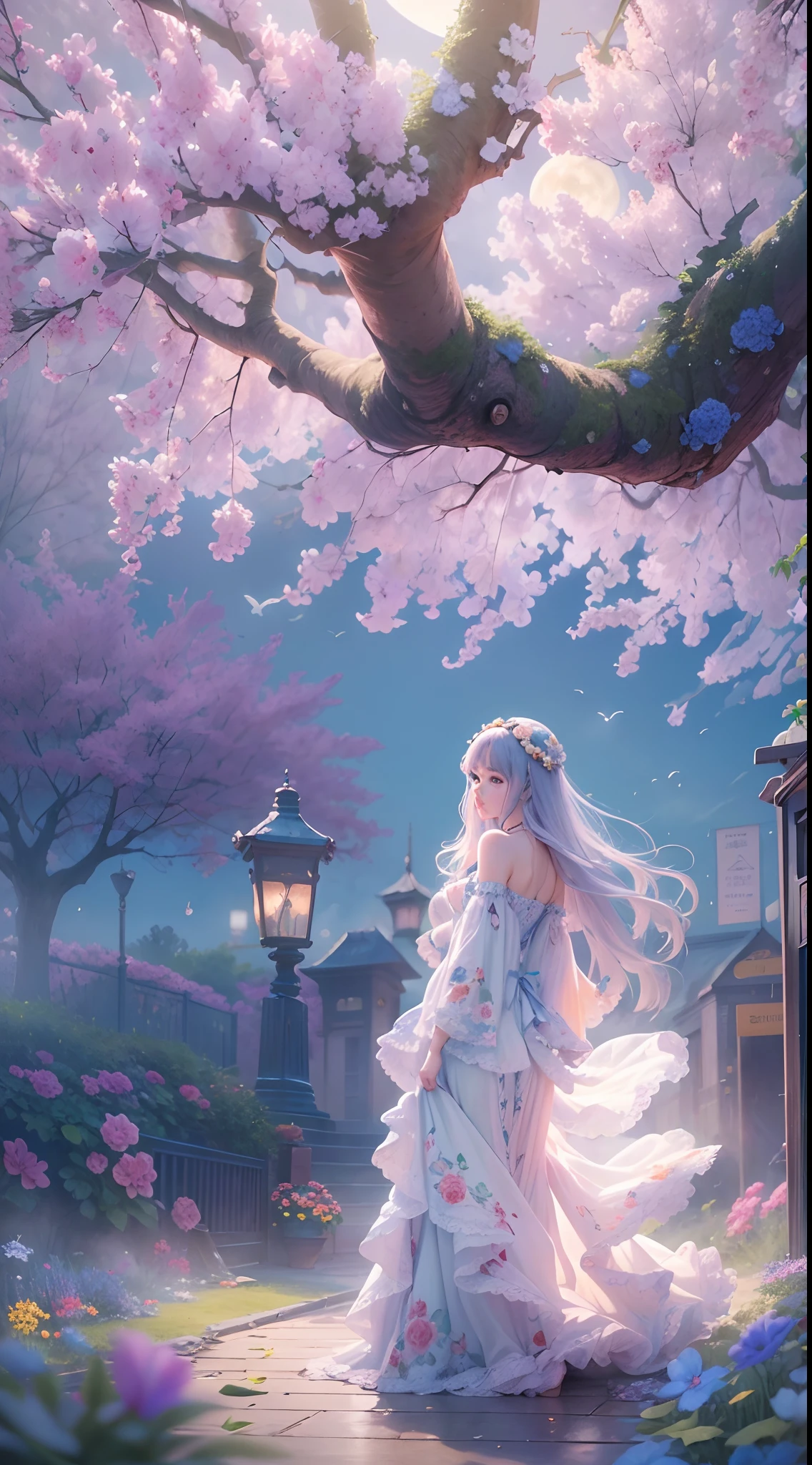 (Best quality,4K,8K,A high resolution,Masterpiece:1.2),Ultra-detailed, natta，themoon， florals， The tree， 1girll，shift dresses， long whitr hair， a blue dress，独奏，Station