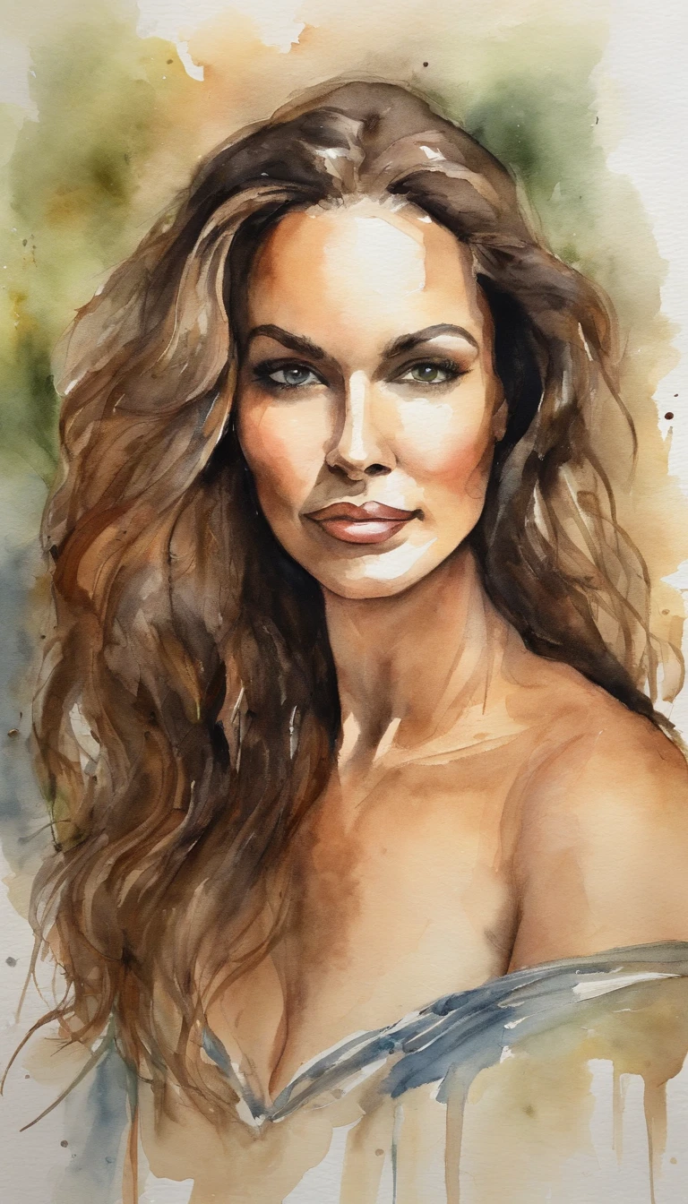 uma bela mulher na casa dos trinta anos, topless, seios de fora. nua, pelada, seios enormes, com olhos hipnotizantes, long flowing hair, and a confident expression.