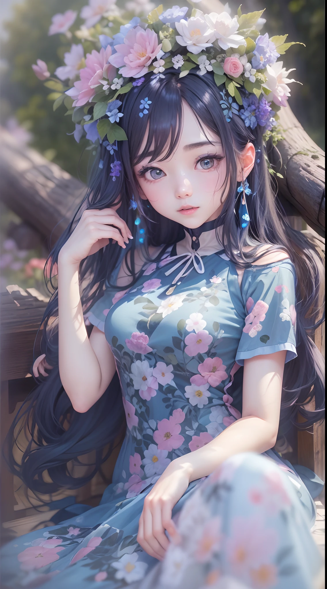 (Best quality,4K,8K,A high resolution,Masterpiece:1.2),Ultra-detailed, natta,themoon, florals, The tree, 1girll,shift dresses, long whitr hair, a blue dress,独奏,Station