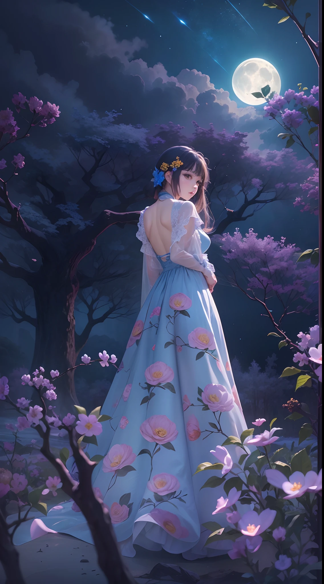 (Best quality,4K,8K,A high resolution,Masterpiece:1.2),Ultra-detailed, natta，themoon， florals， The tree， 1girll，shift dresses， long whitr hair， a blue dress，独奏，Station