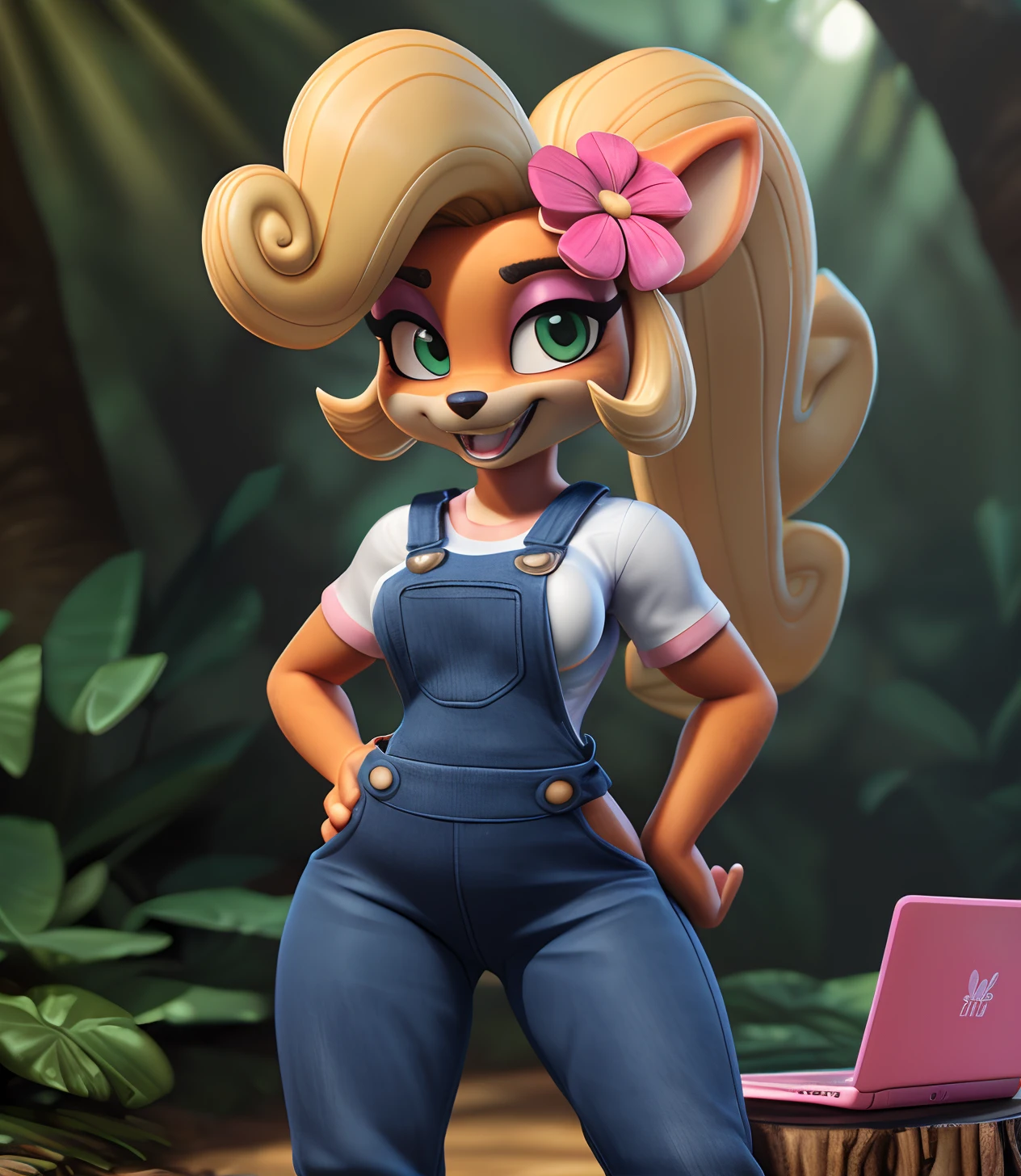 [Coco bandicoot], [Uploaded to e621.net; (Pixelsketcher), (wamudraws)], ((masterpiece)), ((high quality)), ((HD)), ((solo portrait)), ((full body)), ((furry; anthro)), ((detailed fur)), ((detailed shading)), ((beautiful 3D render art)), ((front view)), ((shoes visible)), ((intricate details)), {anthro; orange fur, black nose, (cute green eyes), (pink eyeshadow), (excited smile), (white teeth), blonde curly hair, curly ponytail}, {(white shirt), (small boobs), (blue denim overalls), (tight pants), (pink sneakers), (pink flower on head)}, {(standing), (hands on hips), (looking back)}, [background; (tropical forest), (tree stump), (sun rays), (pink laptop)]