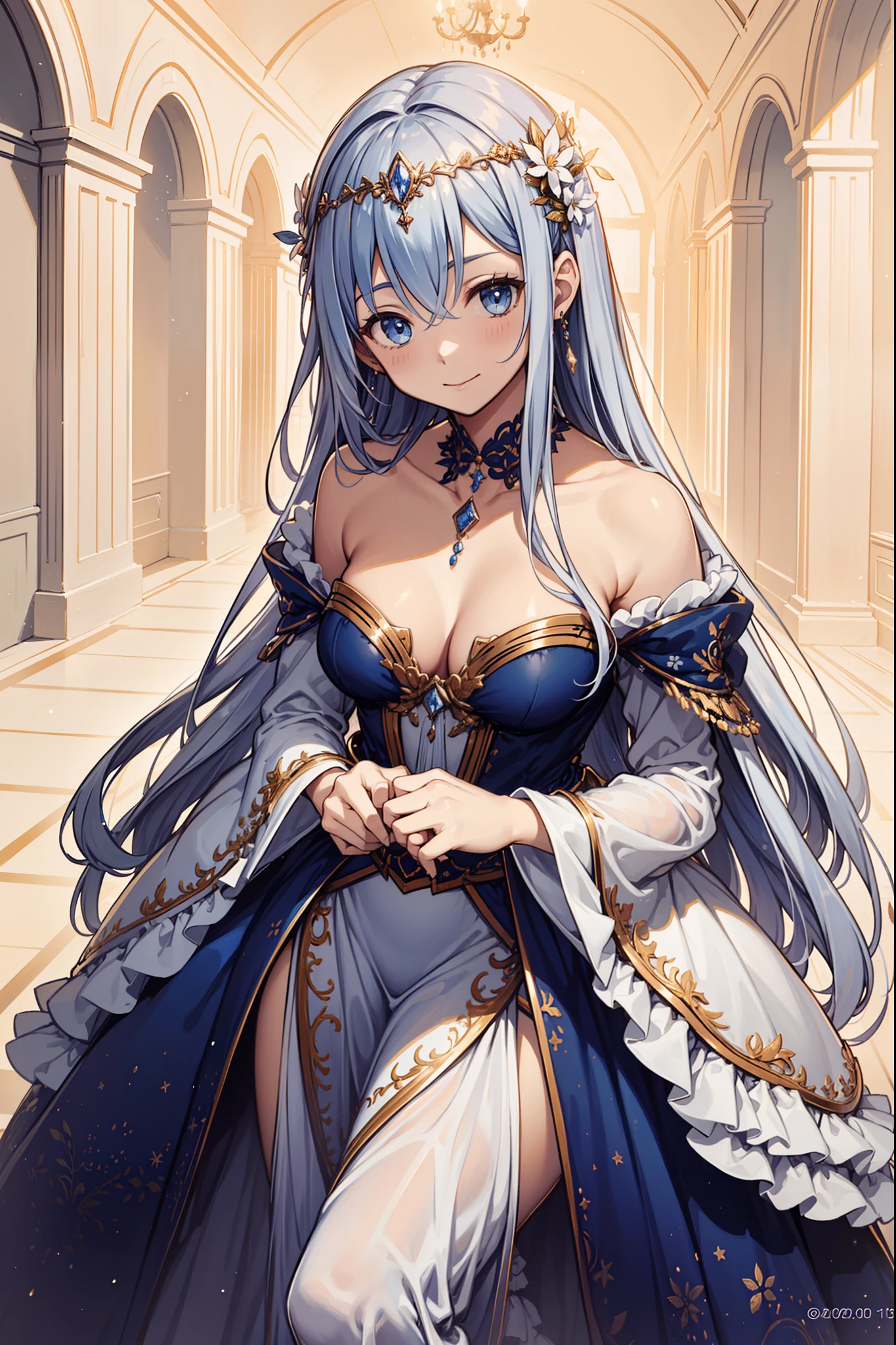 saints,Enchanted,having fun,Being in love,(Western-style magic white dress),silber hair,eBlue eyes,Navy blue stripes,Lilac cloth,Ruffles,nipple tassels,Lace,jewel embellishment,Floral decoration,Fabric headdress,Inner and outer skirt construction,Snowy nights,exquisite costumes,A small amount of transparent clothing,inside in room,solo person