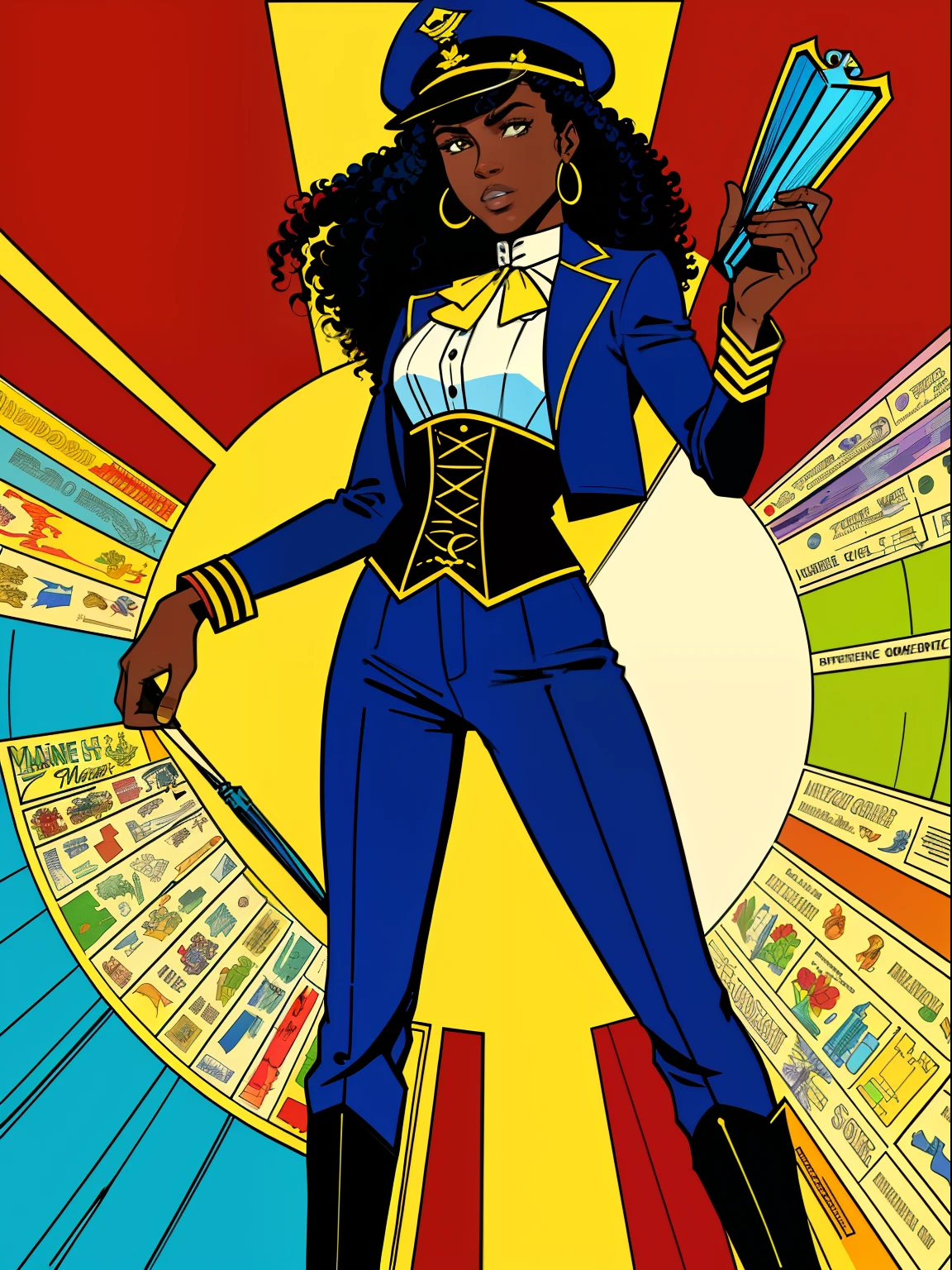 (comic style:1.3), (comic poster) (line art:1.5), (full body),(masterpiece, award winning, best quality:1.3), (flat color:1.3),(colorful:1.3), 1 girl ((solo)), Haitian, casting a spell, long curly black hair, dark skin, wearing a blue captains jacket, blue captains hat, blue pants, corset, cinematic, masterpiece, detailed background, detailed material textures, serious, realistic 1.35, muscular 1.2