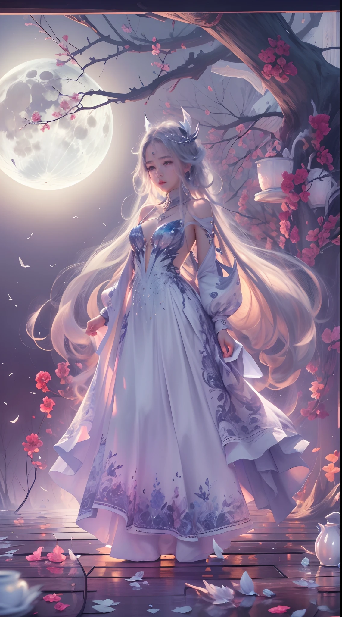 The image features a detailed and fantastic illustration. In the middle, a female figure sits delicately on a glowing crescent. The moon seems made of light and brilliance, with a texture that emits a soft and luminous aura.

The female figure has long, wavy light blonde hair, that cascades to your feet. Her hair is decorated with a crown of small flowers, pink and white, which also disperse in the air around them. His face is delicate and serene, with large lilac eyes that shine with a soft light.

She wears a long, ethereal dress that looks like it&#39;s made from a mixture of petals., transparent and light fabric. The dress has pastel colors, mainly in pink and lavender, and is adorned with floral details that seem to integrate with the environment. The texture of the dress suggests movement, as if it were being gently stirred by an invisible breeze.

Around it, Floating flower petals and butterflies add a touch of magic to the scene. These butterflies and petals seem to shine with a light of their own, contributing to the dreamlike atmosphere. The background of the image shows a starry night sky, with glowing stars and a soft haze that adds depth and mysticism to the scene.

The color palette of the image is dominated by soft, pastel tones, with a predominance of roses, lilac, and white, which reinforces the feeling of dreaminess and delicacy. Image lighting is soft and diffuse, creating an ethereal effect that surrounds the central figure and the moon.