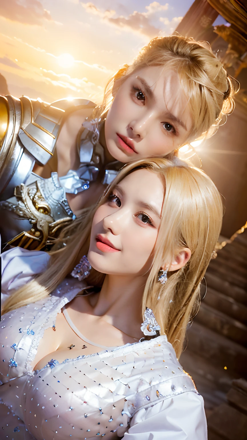 (8K, best quality:1.2), (masterpiece:1.37), (photo, photorealistic:1.37), (ultrahigh-res), half body, walking pose, shot from front, slow motion, female paladin wearing the full body, (light silver armour:1.2),(ornately decorated armor), (insanely detailed, bloom:1.5), (highest quality, Alessandro Casagrande, Greg Rutkowski, Sally Mann, concept art, 4k), (analog:1.2), (high sharpness), (detailed pupils:1.1), detailed face and eyes, Masterpiece, best quality, (highly detailed photo:1.1), (long blonde Hair, ponytail,ecstatic:1.1), (young woman:1.1), sharp, (perfect body:1.1), realistic, real shadow, 3d, (temple background:1.2), arms crossed over the chest 
photographed by Canan EOS R6, 135mm, 1/1250s, f/2.8, ISO 400