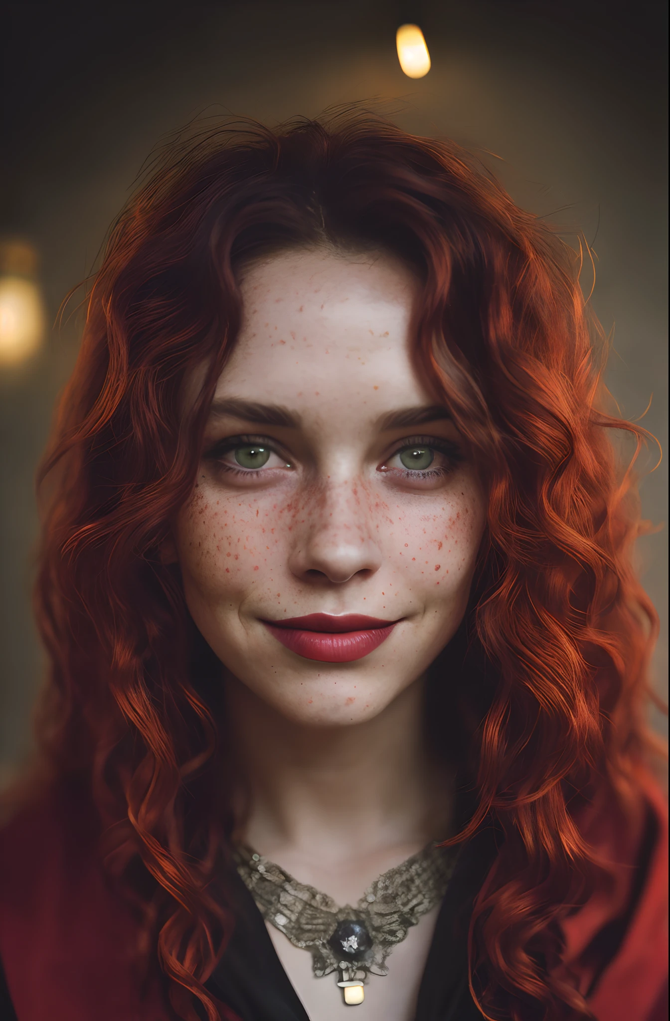 (close-up, editorial photograph of a 30 year old woman), (highly detailed face:1.4) (smile:0.7) (background inside dark, moody, private study:1.3) POV, by lee jeffries, nikon d850, film stock photograph ,4 kodak portra 400 ,camera f1.6 lens ,rich colors, hyper realistic ,lifelike texture, dramatic lighting , cinestill 800, wavy hair, messy hair, dreads, curls, smirk, malicious smile, red hair, freckles, green eyes, white skin, cloak made from the night sky, dark cloak, cloak with stars, jewels, necklace, thelema, witchcraft, babalon