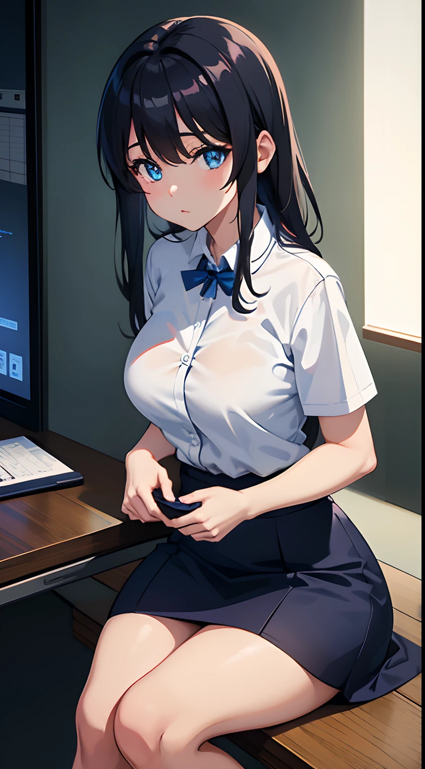 anime girl with big breast sitting on a bench in a room, fine white shirt, office clothes, thick shining black hair, very tight small push up bra, blue shirt, set inside of office, warmly lit posh study, glowing blue eyes, ultra detailed, best quality, expressive eyes, perfect face,