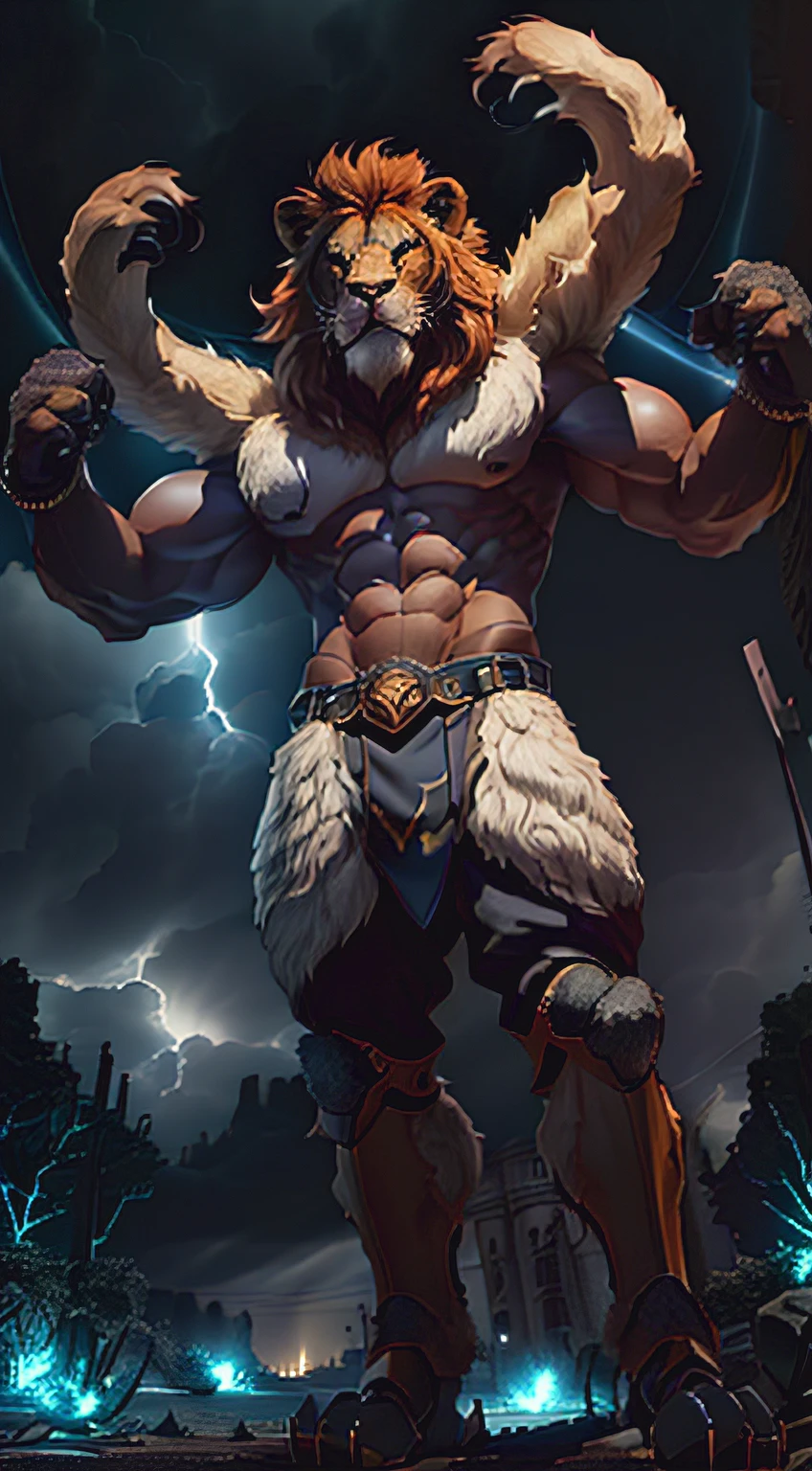 (Lion-headed monster: 1,3), (four muscular arms: 1,2), (duas pernas poderosas: 1,2), (covered in thick, shaggy fur: 1,1), (olhos vermelhos sinistros: 1,2), (sharp, menacing claws :1.1), (elevando-se sobre uma paisagem desolada:1.1), (Ominous storm clouds above:1.2), (Sony Alpha 7S III camera, ideal para fotos com pouca luz e muitos detalhes:1.2), (paired with a Sigma 35mm Artistic Lens f/1.4 DG HSM: 1.2), (Capturing the spooky details of the lion-headed monster: 1.1), (accentuating his intimidating presence: 1.1), (Creating a scene of mysterious darkness and imminent danger: 1.1).