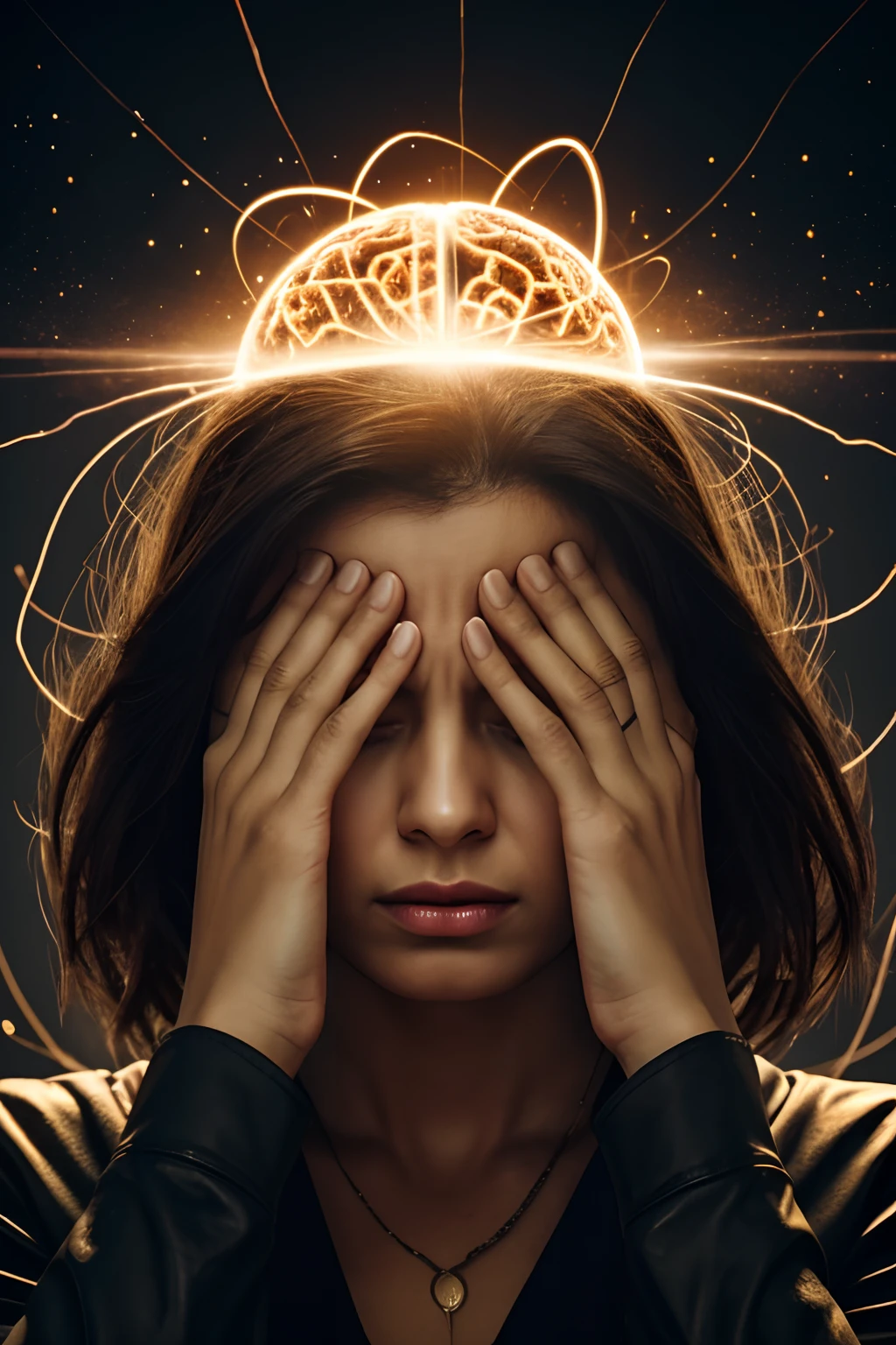 Create for me a woman with her hands on her temples, with his eyes closed with an expression of anguish and his brain sticking out of his head releasing energy, faz os tracos o mais realista possivel